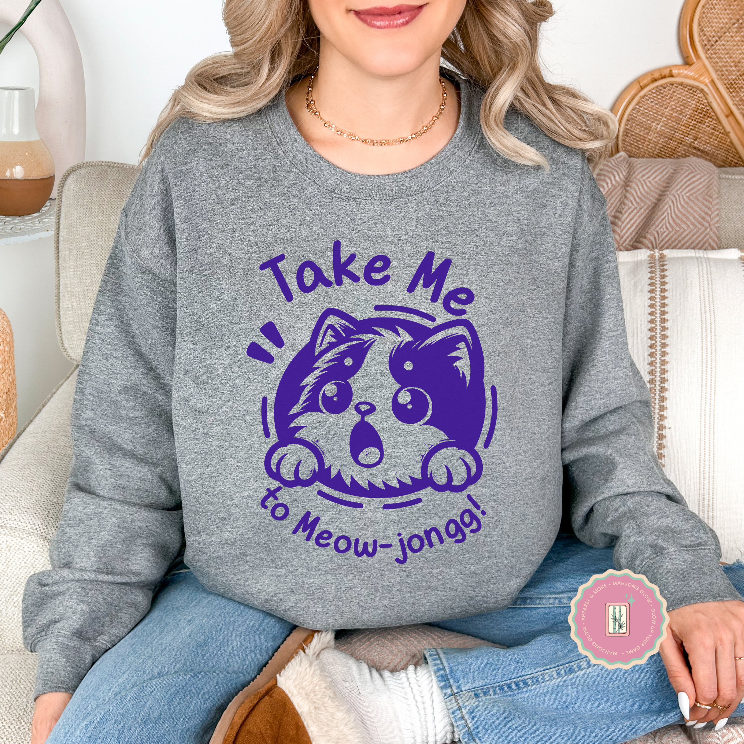 Take Me to Meow-jongg Sweatshirt, Mahjong Cat Lover Gildan 18000 Crewneck for American Mahjong Players, Cute Cozy Gamer Gift product thumbnail image