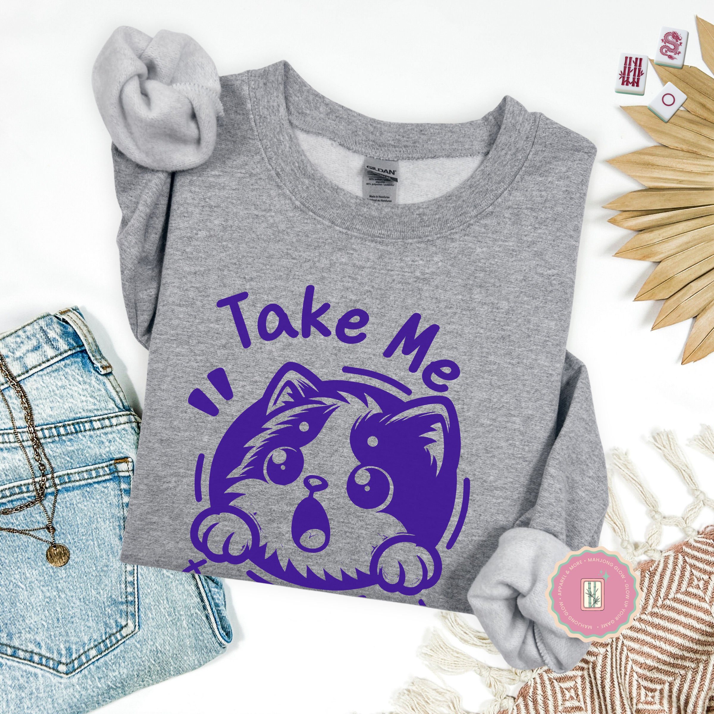 Take Me to Meow-jongg Sweatshirt, Mahjong Cat Lover Gildan 18000 Crewneck for American Mahjong Players, Cute Cozy Gamer Gift product thumbnail image Take Me to Meow-jongg Sweatshirt, Mahjong Cat Lover Gildan 18000 Crewneck for American Mahjong Players, Cute Cozy Gamer Gift product thumbnail image