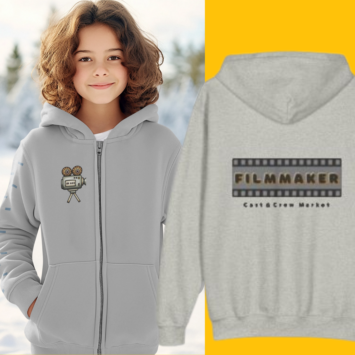 Youth Filmmaker Zipped Hoodie — 'Filmmaker' on Back and Movie Camera Image on Front Right Chest. 
