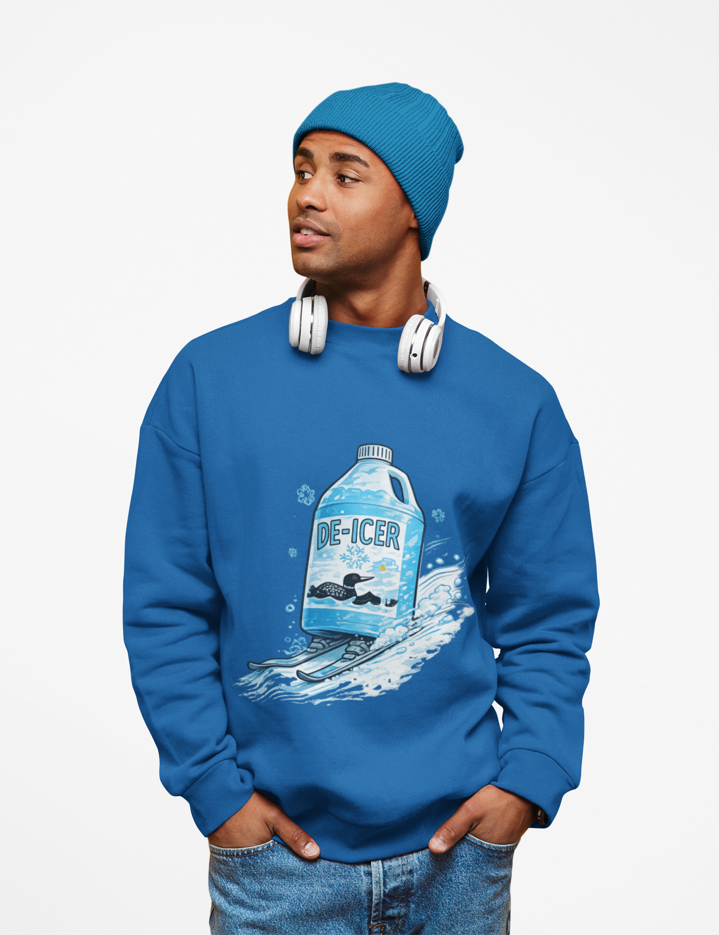 DE-ICER on Skis Sweatshirt | Cold Weather Political Satire Crewneck product thumbnail image DE-ICER on Skis Sweatshirt | Cold Weather Political Satire Crewneck product thumbnail image
