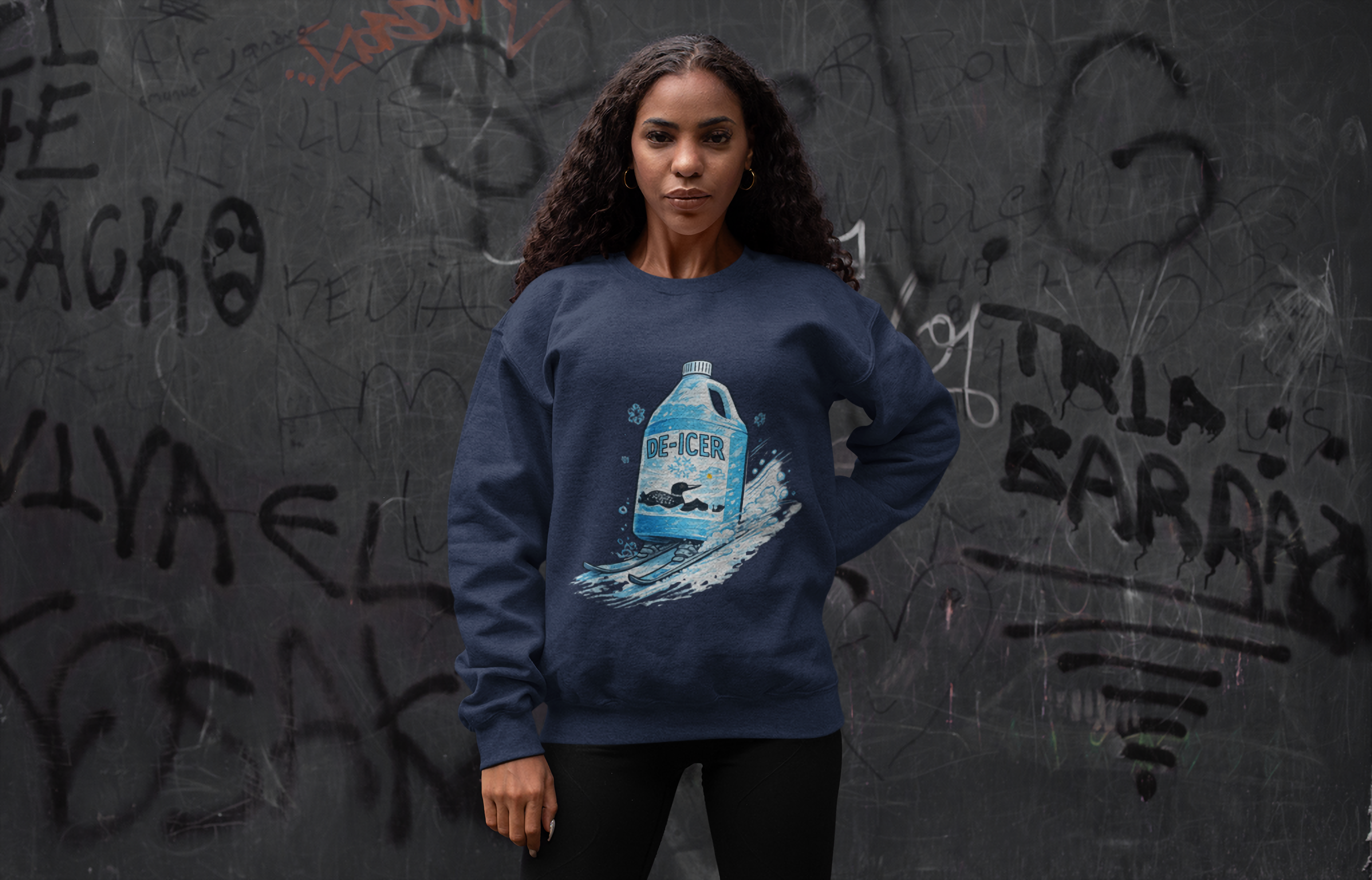 DE-ICER on Skis Sweatshirt | Cold Weather Political Satire Crewneck product thumbnail image DE-ICER on Skis Sweatshirt | Cold Weather Political Satire Crewneck product thumbnail image
