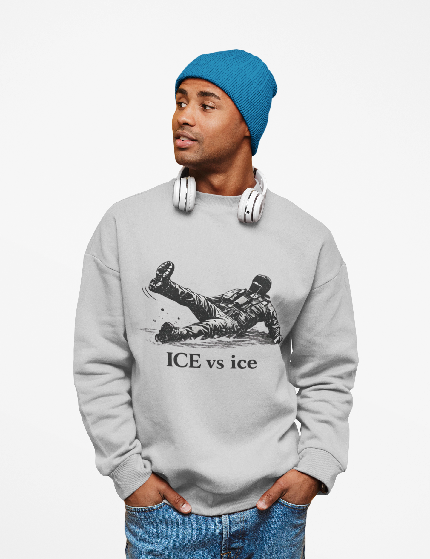 'ICE vs ice' Sliding Hockey Player Graphic — Unisex Crewneck Sweatshirt product thumbnail image 'ICE vs ice' Sliding Hockey Player Graphic — Unisex Crewneck Sweatshirt product thumbnail image