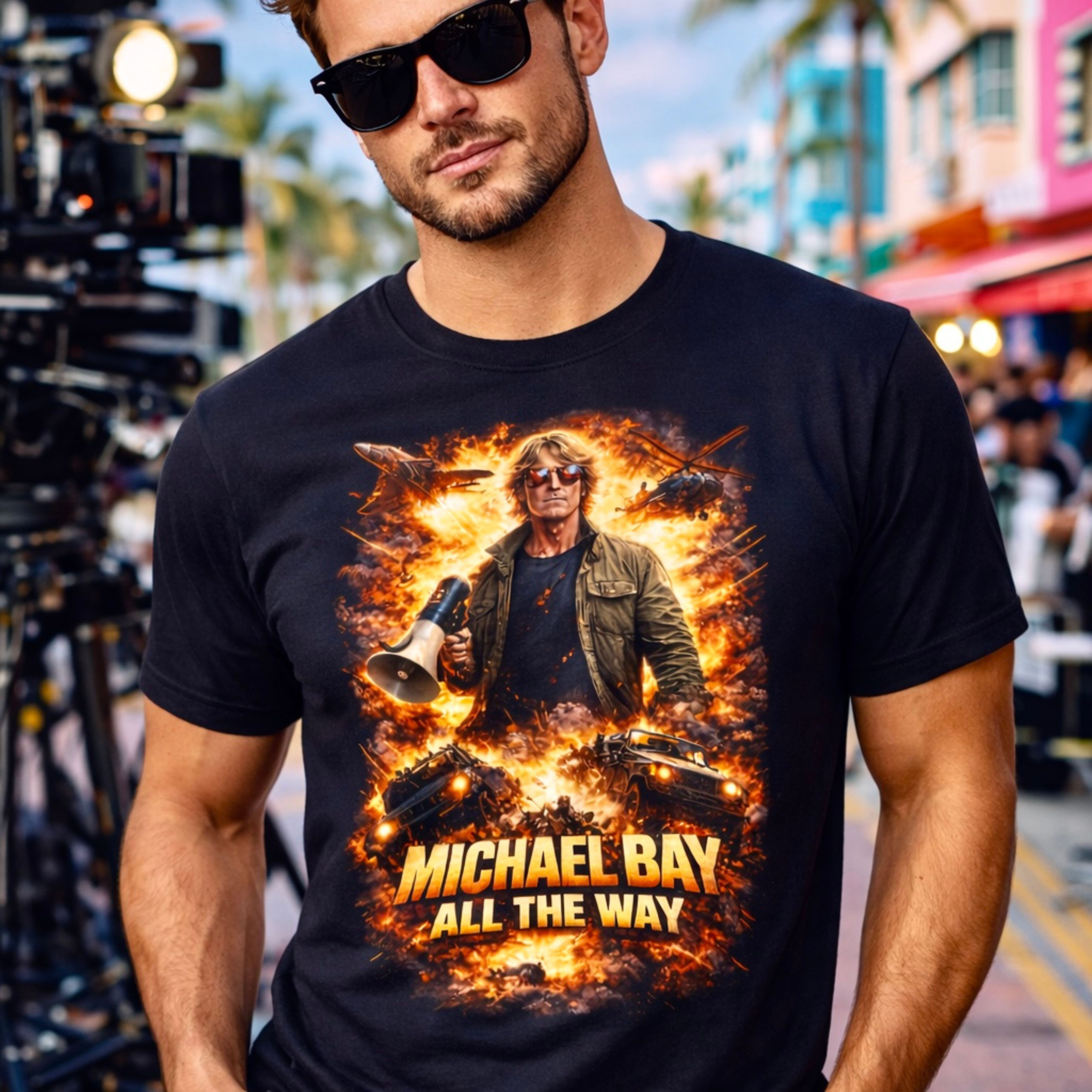 Action Movie Director Tribute Portrait T-Shirt | Explosions Graphic Tee product thumbnail image