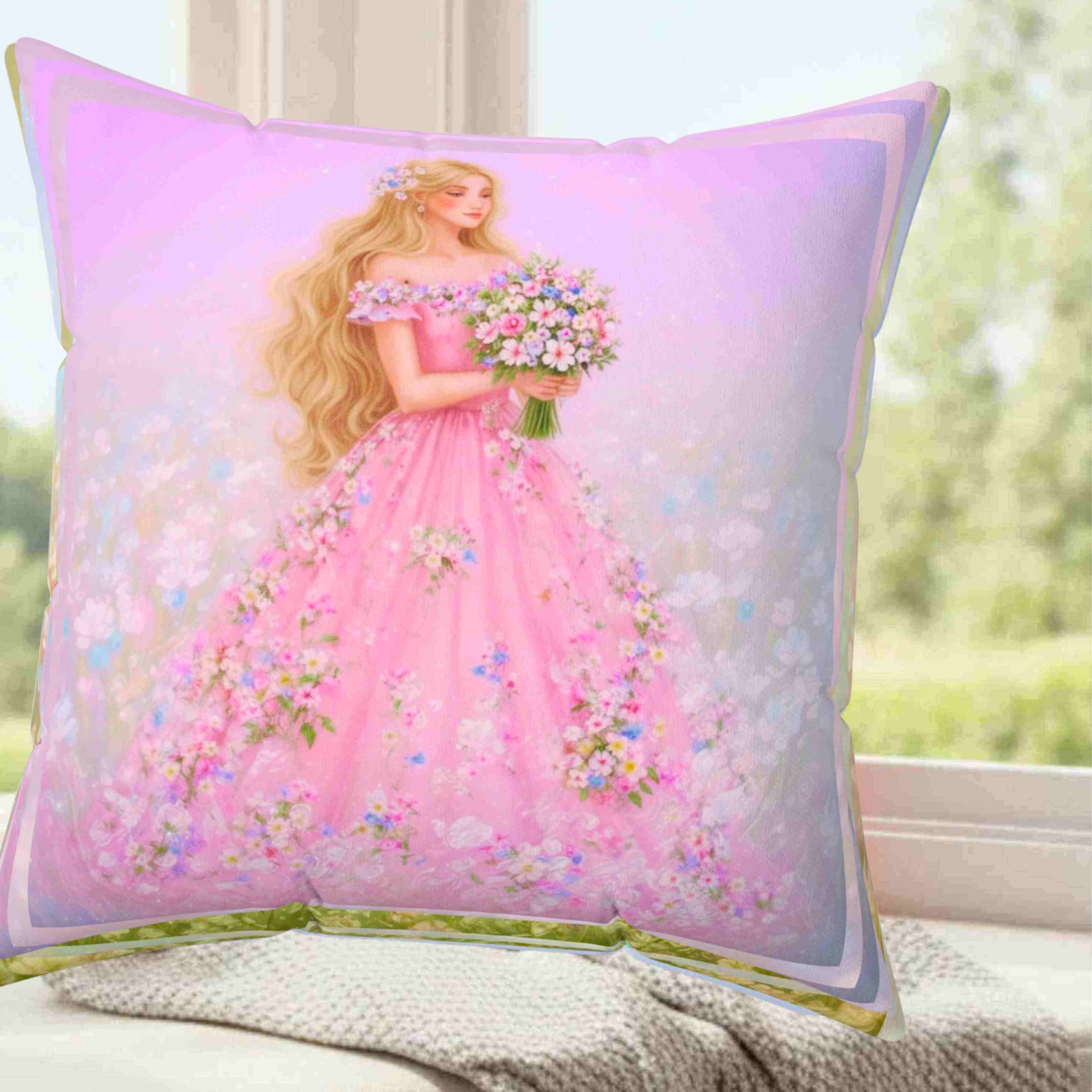 Blonde Princess in Pink Gown pillow | Floral Dress Decorative Pillow