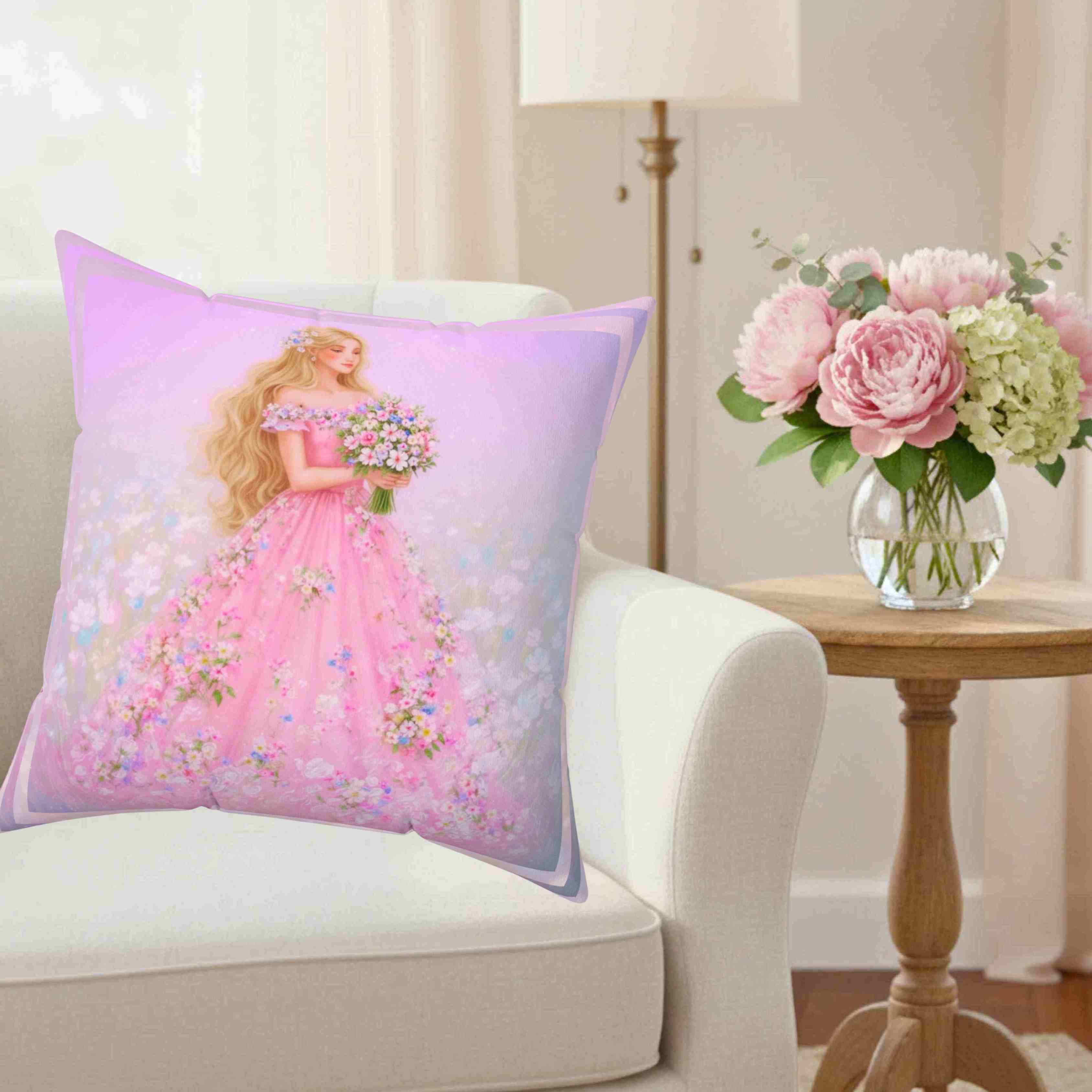 Blonde Princess in Pink Gown pillow | Floral Dress Decorative Pillow product thumbnail image
