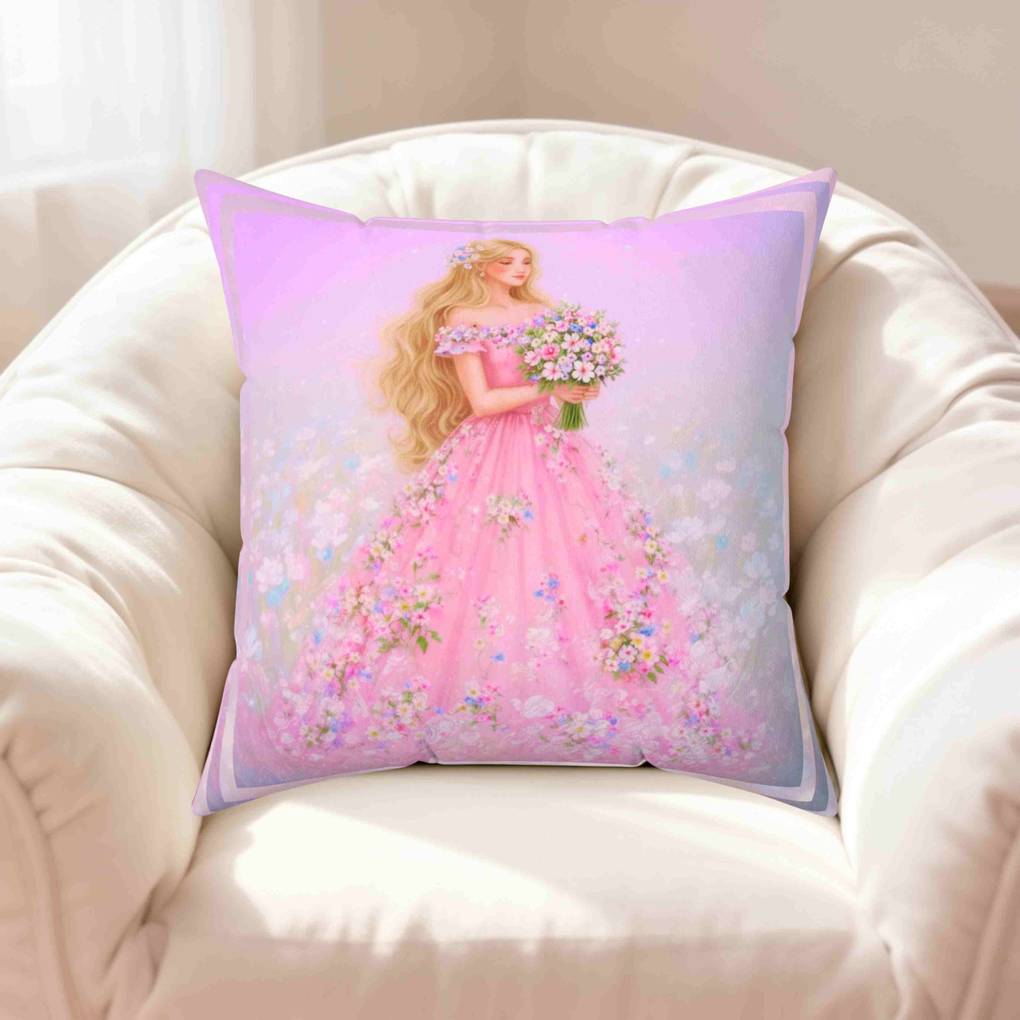 Blonde Princess in Pink Gown pillow | Floral Dress Decorative Pillow product thumbnail image