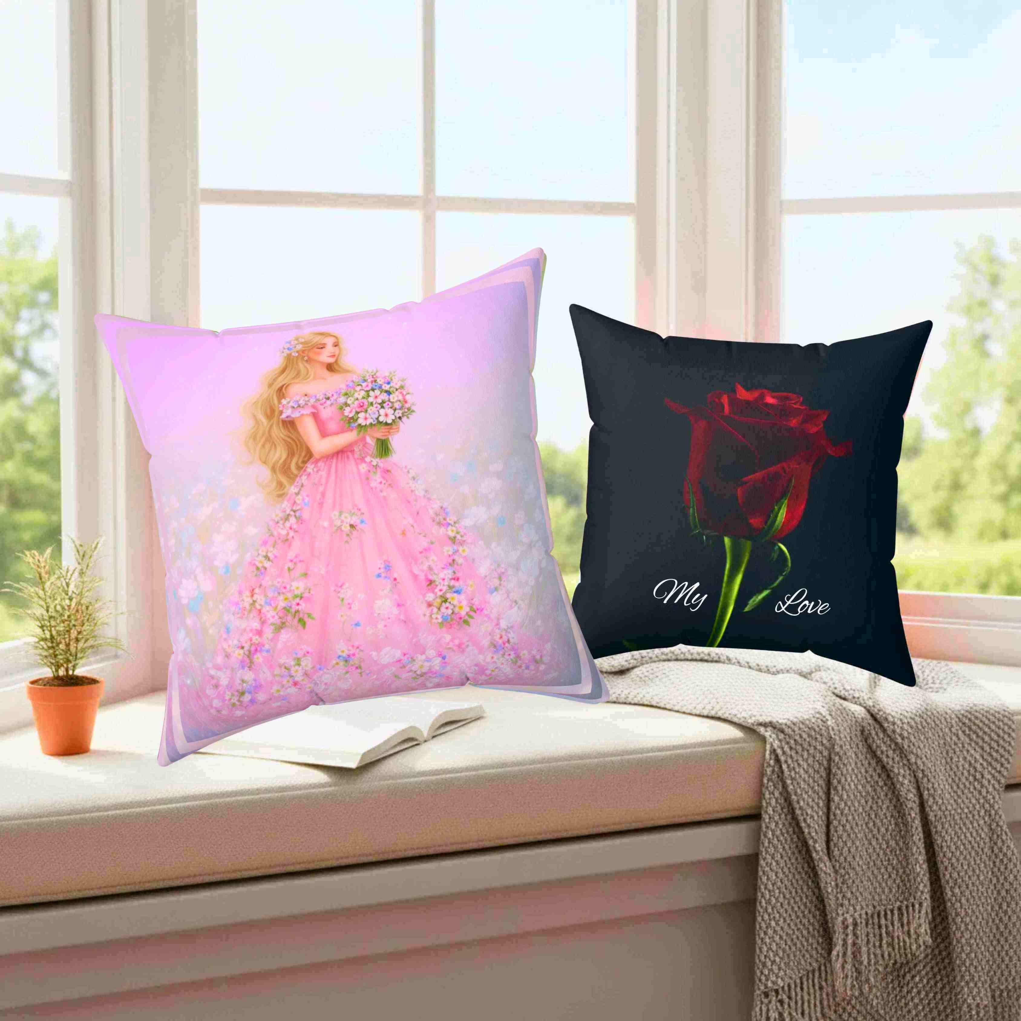 Blonde Princess in Pink Gown pillow | Floral Dress Decorative Pillow product thumbnail image