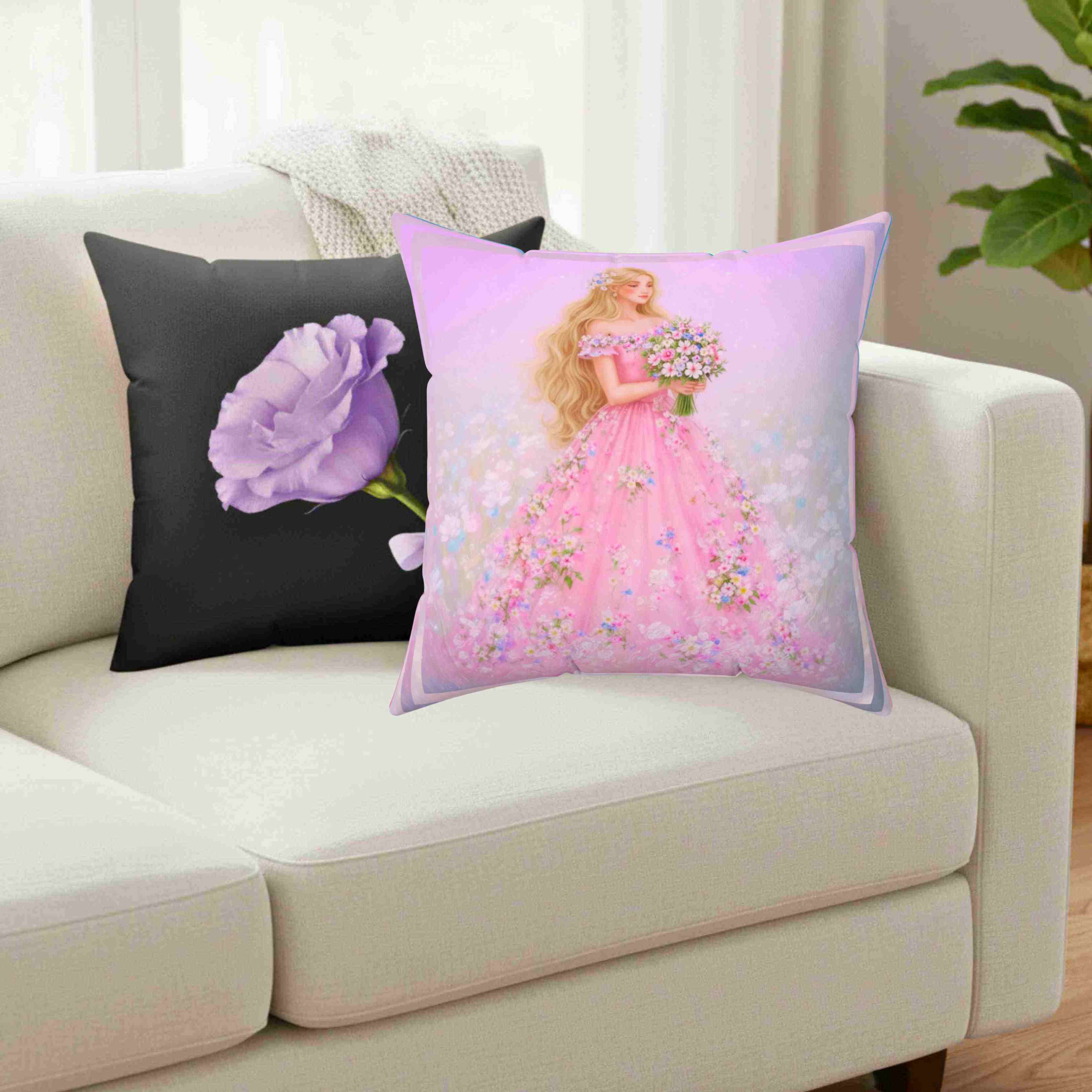 Blonde Princess in Pink Gown pillow | Floral Dress Decorative Pillow product thumbnail image Blonde Princess in Pink Gown pillow | Floral Dress Decorative Pillow product thumbnail image