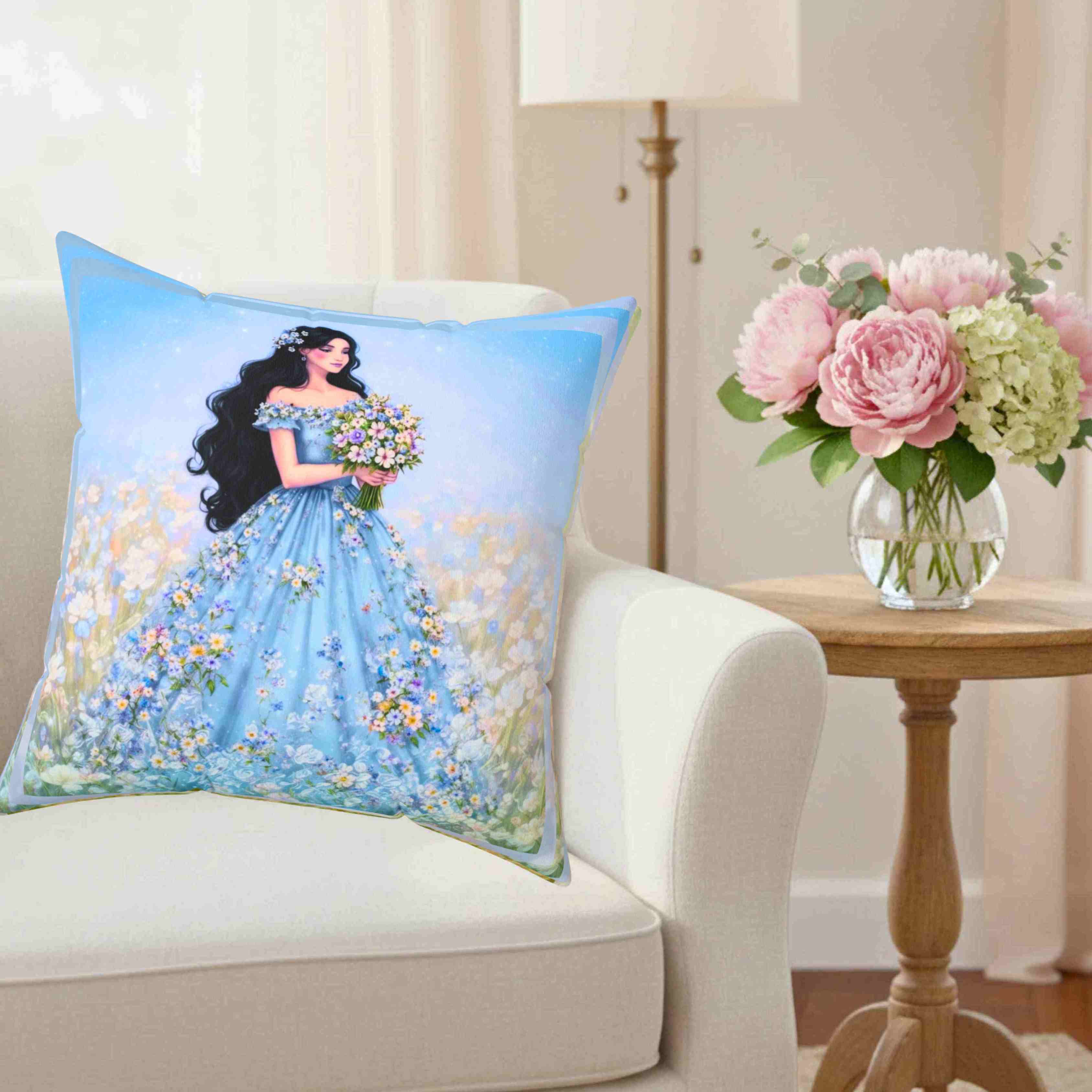 Woman in Lavender Gown Pillow | Floral Bouquet Decorative Pillow product thumbnail image Woman in Lavender Gown Pillow | Floral Bouquet Decorative Pillow product thumbnail image