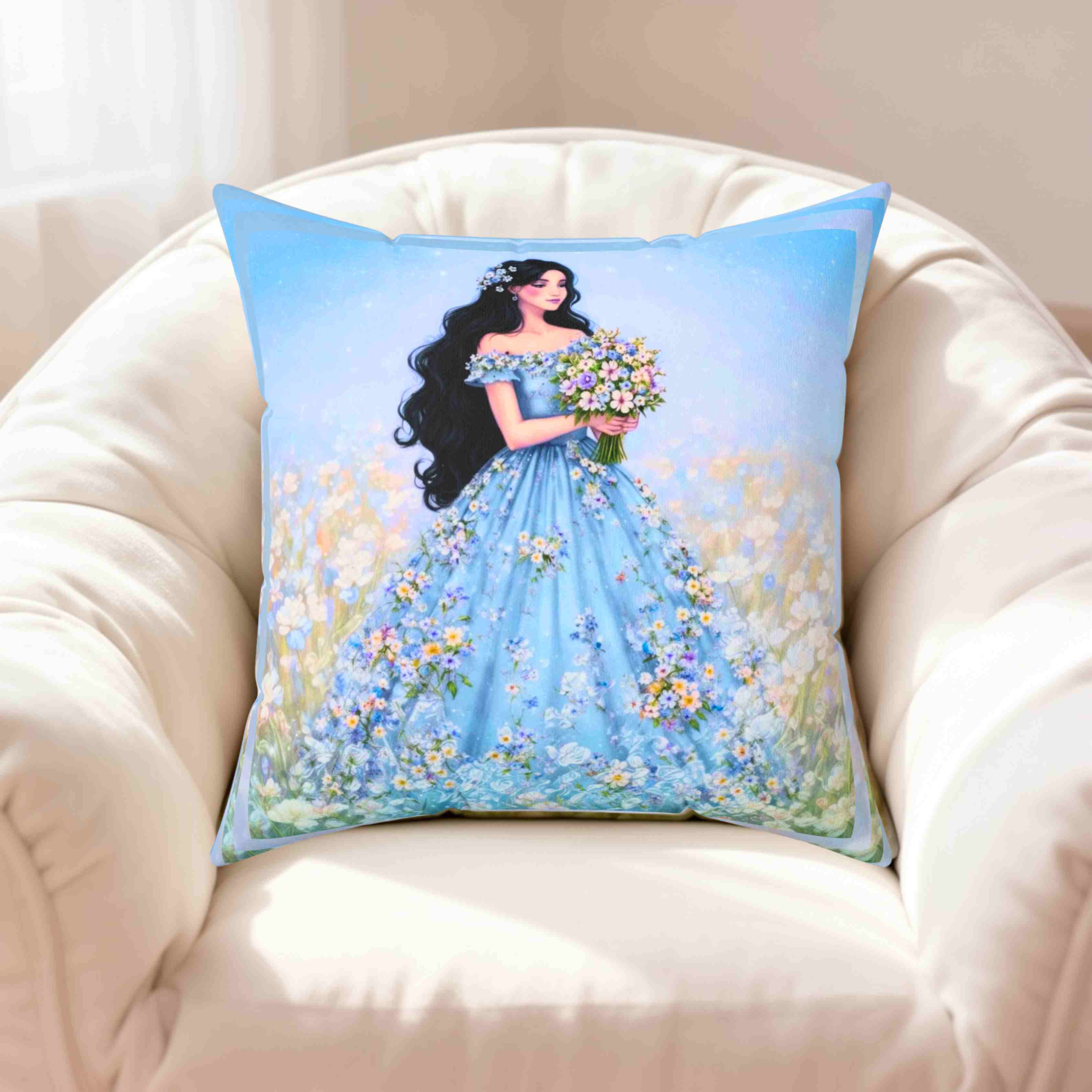 Woman in Lavender Gown Pillow | Floral Bouquet Decorative Pillow product thumbnail image Woman in Lavender Gown Pillow | Floral Bouquet Decorative Pillow product thumbnail image