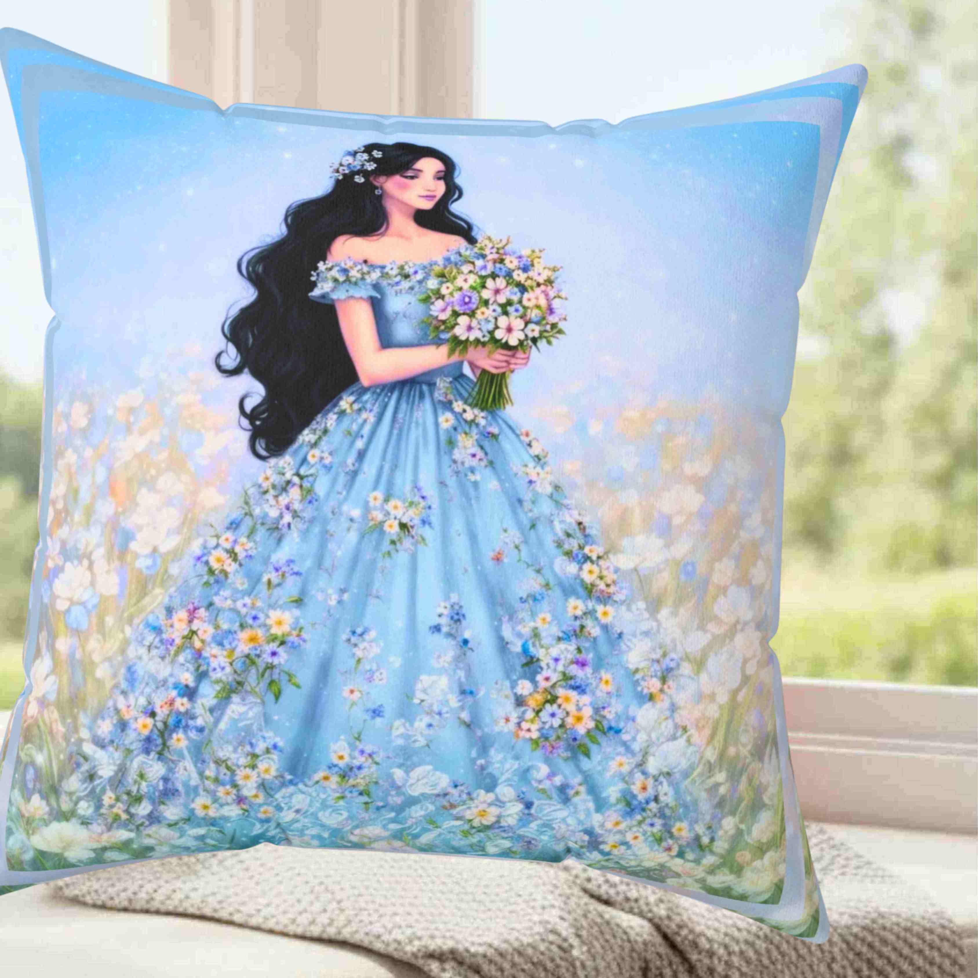 Woman in Lavender Gown Pillow | Floral Bouquet Decorative Pillow product thumbnail image