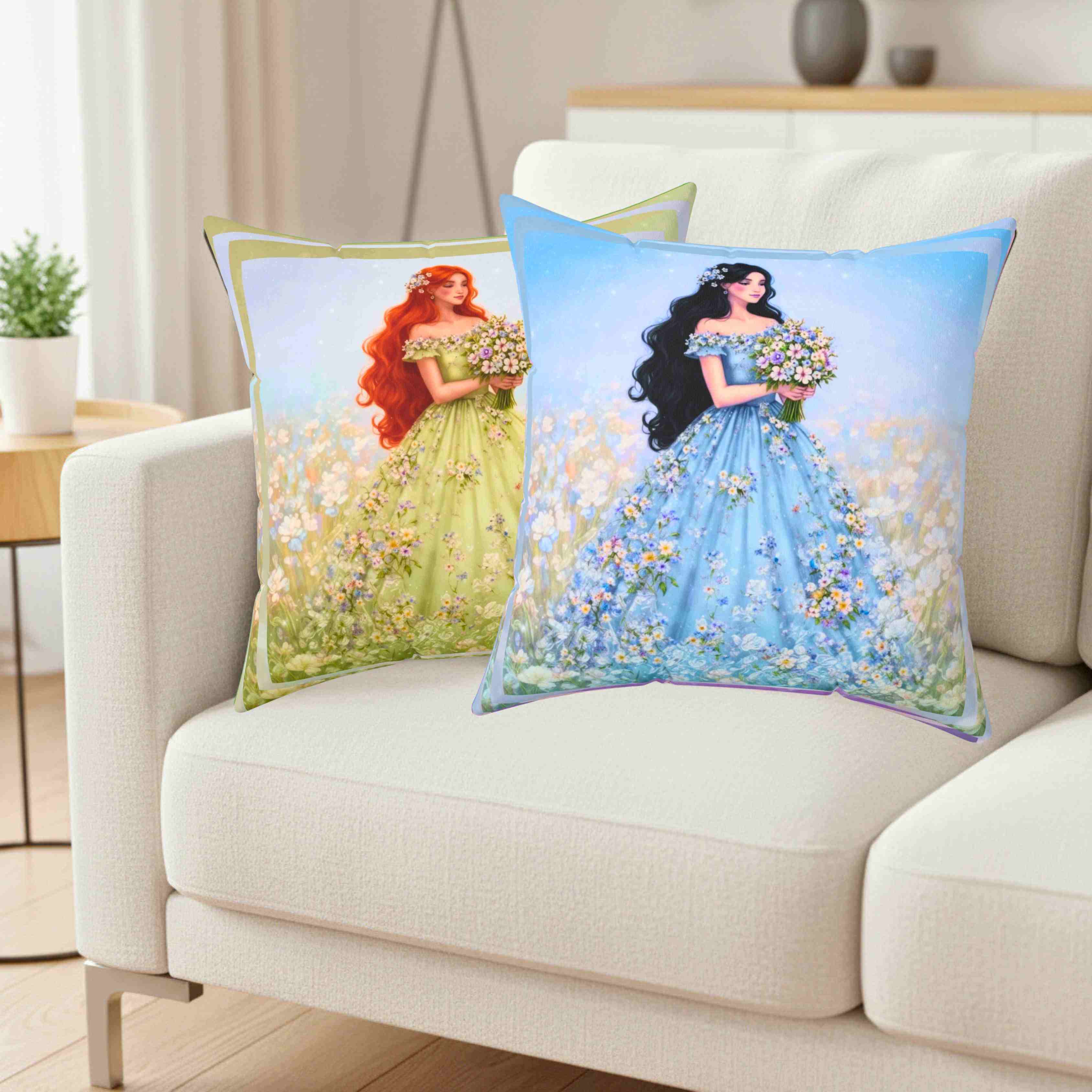 Woman in Lavender Gown Pillow | Floral Bouquet Decorative Pillow product thumbnail image Woman in Lavender Gown Pillow | Floral Bouquet Decorative Pillow product thumbnail image