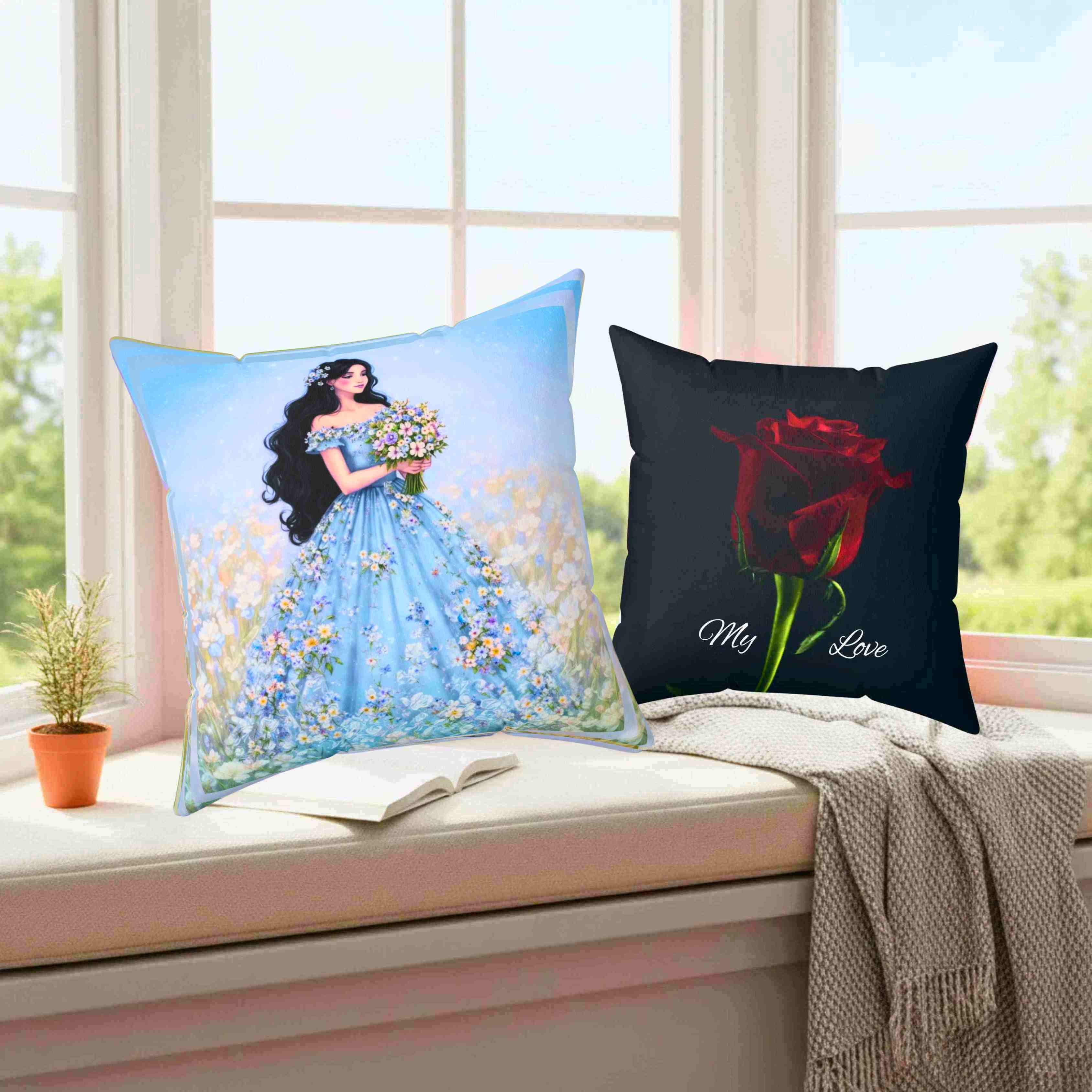 Woman in Lavender Gown Pillow | Floral Bouquet Decorative Pillow product thumbnail image Woman in Lavender Gown Pillow | Floral Bouquet Decorative Pillow product thumbnail image