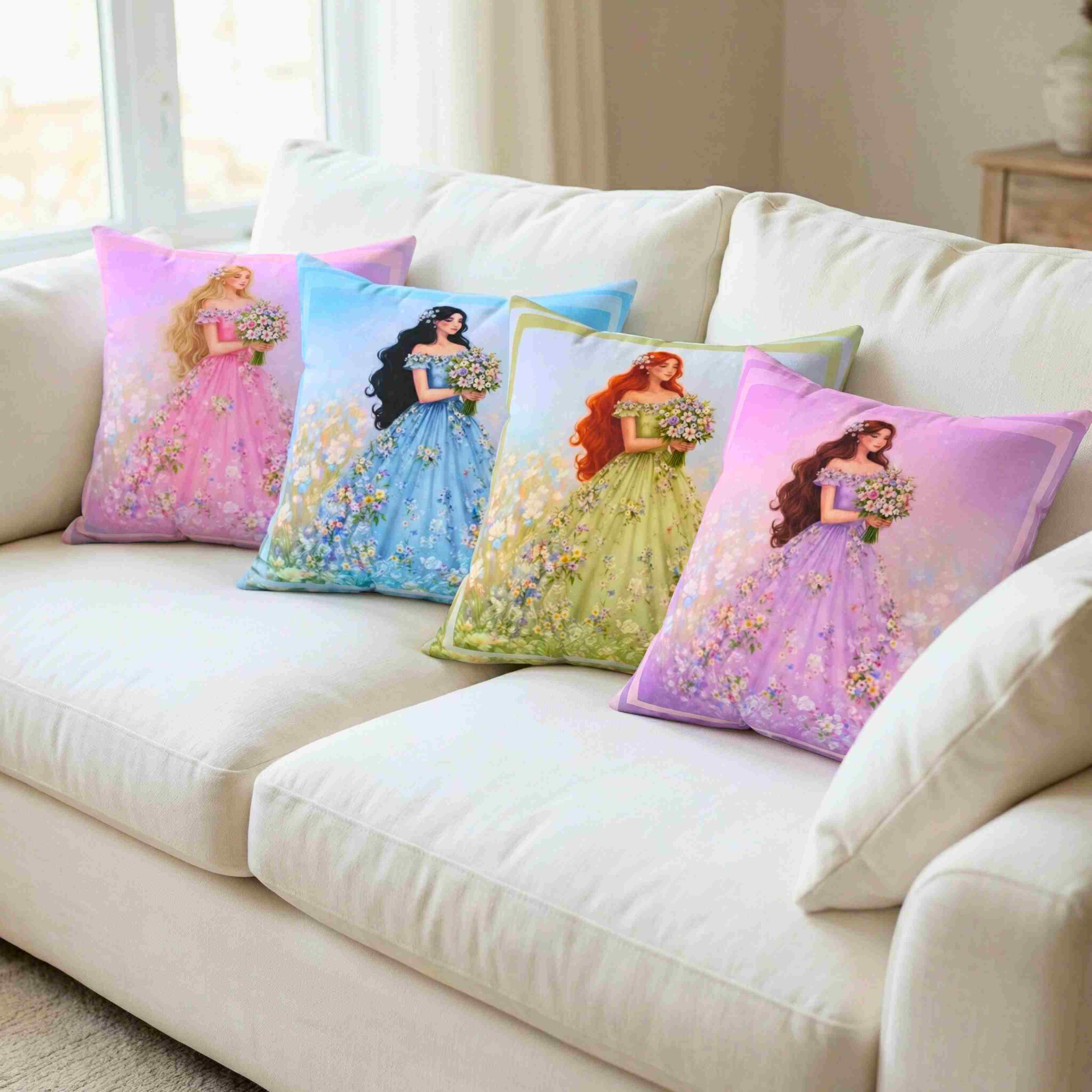 Woman in Lavender Gown Pillow | Floral Bouquet Decorative Pillow product thumbnail image Woman in Lavender Gown Pillow | Floral Bouquet Decorative Pillow product thumbnail image