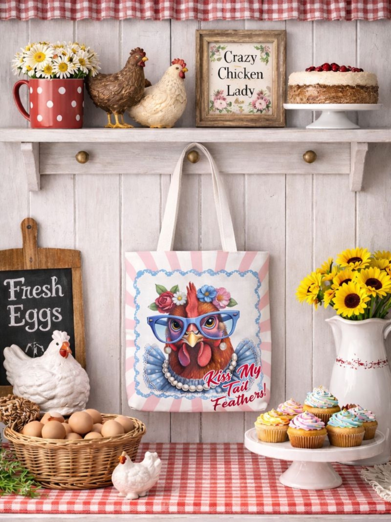 Tote Bag: Kiss My Feathers! Dressed Up Red Hen Swirl Design