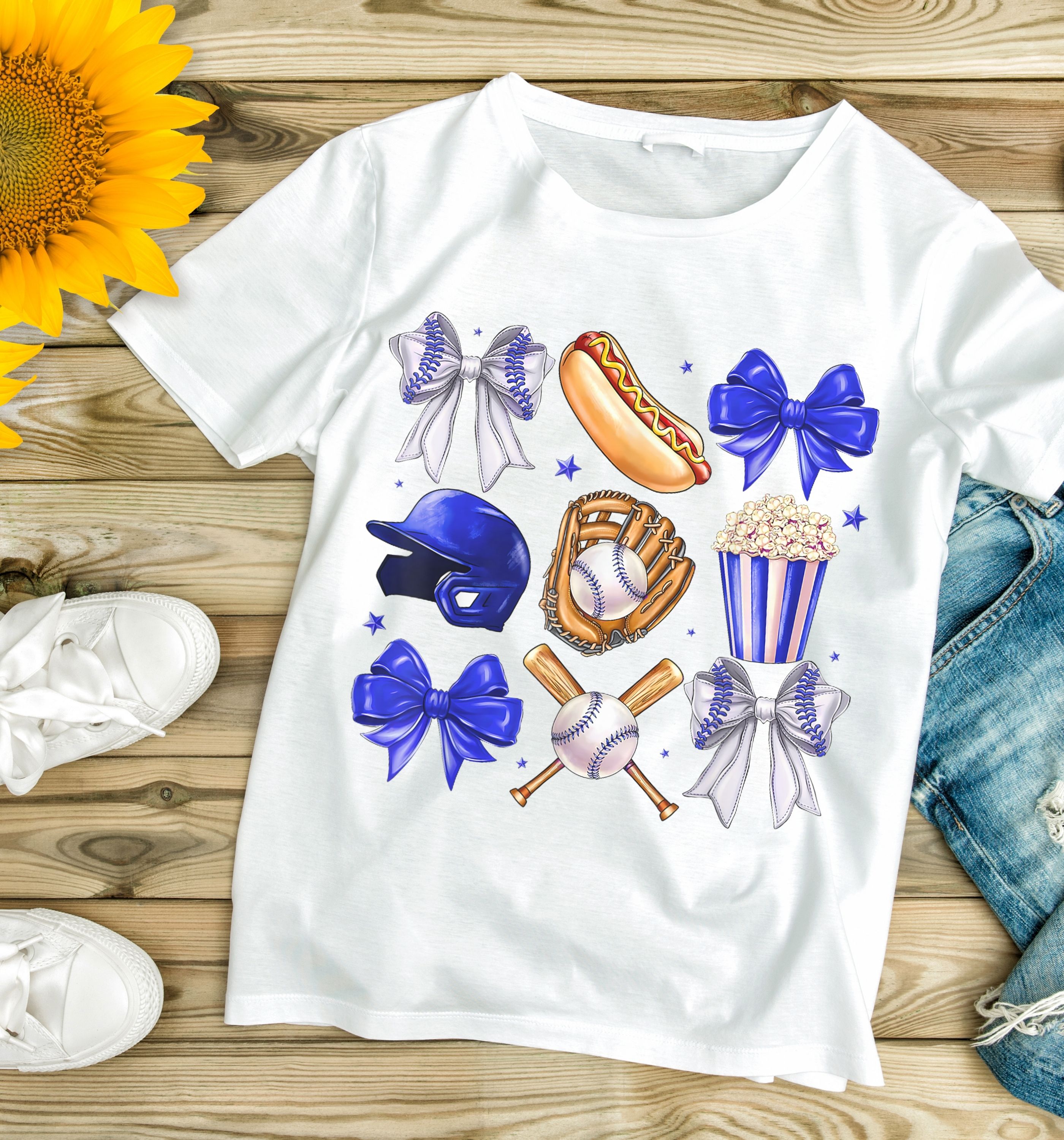 Baseball &amp; Bows Graphic T-Shirt — Popcorn, Hotdog &amp; Glove Design product thumbnail image