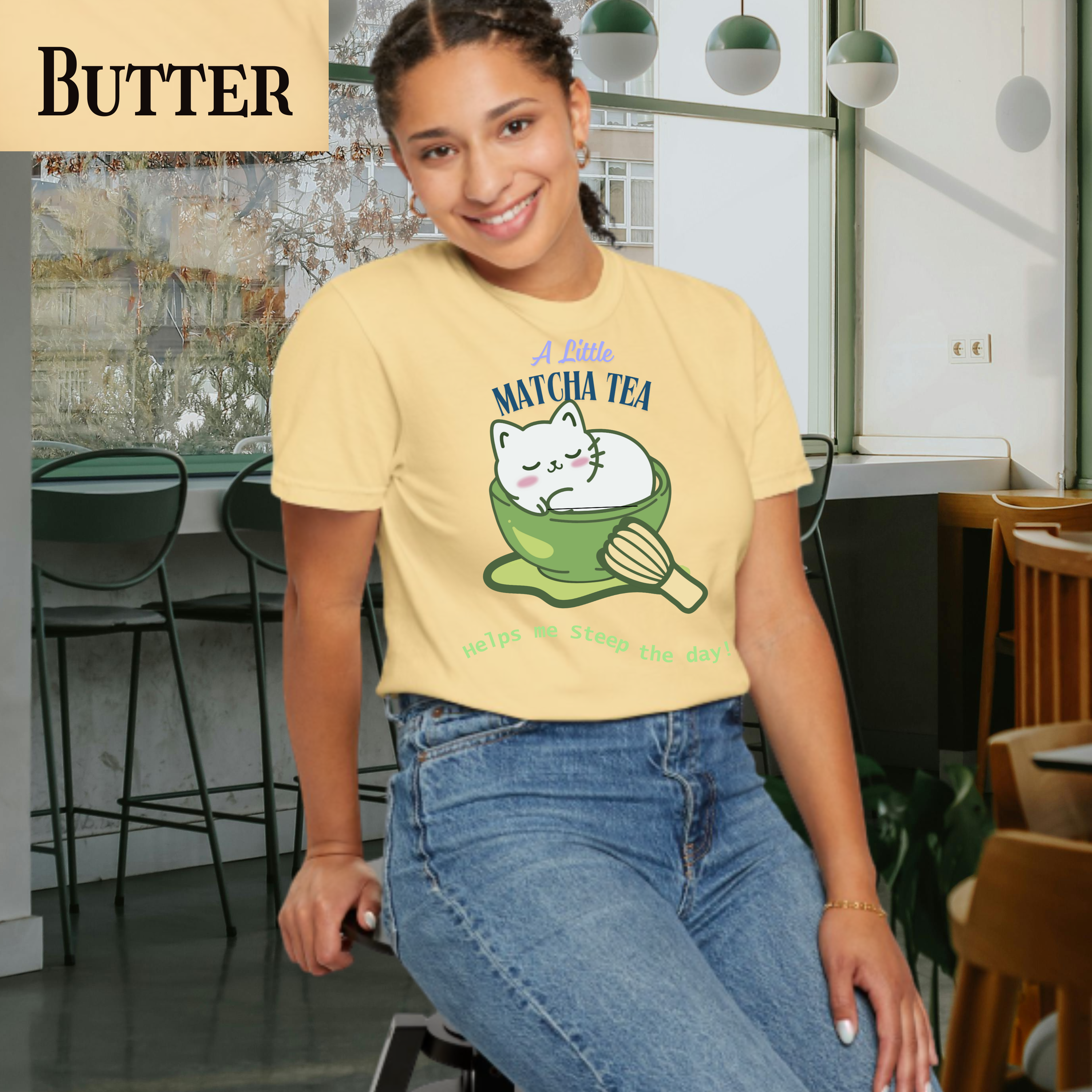 Matcha Cat T-Shirt — "A Little Matcha Tea" Cute Cat in Bowl Graphic Tee product thumbnail image