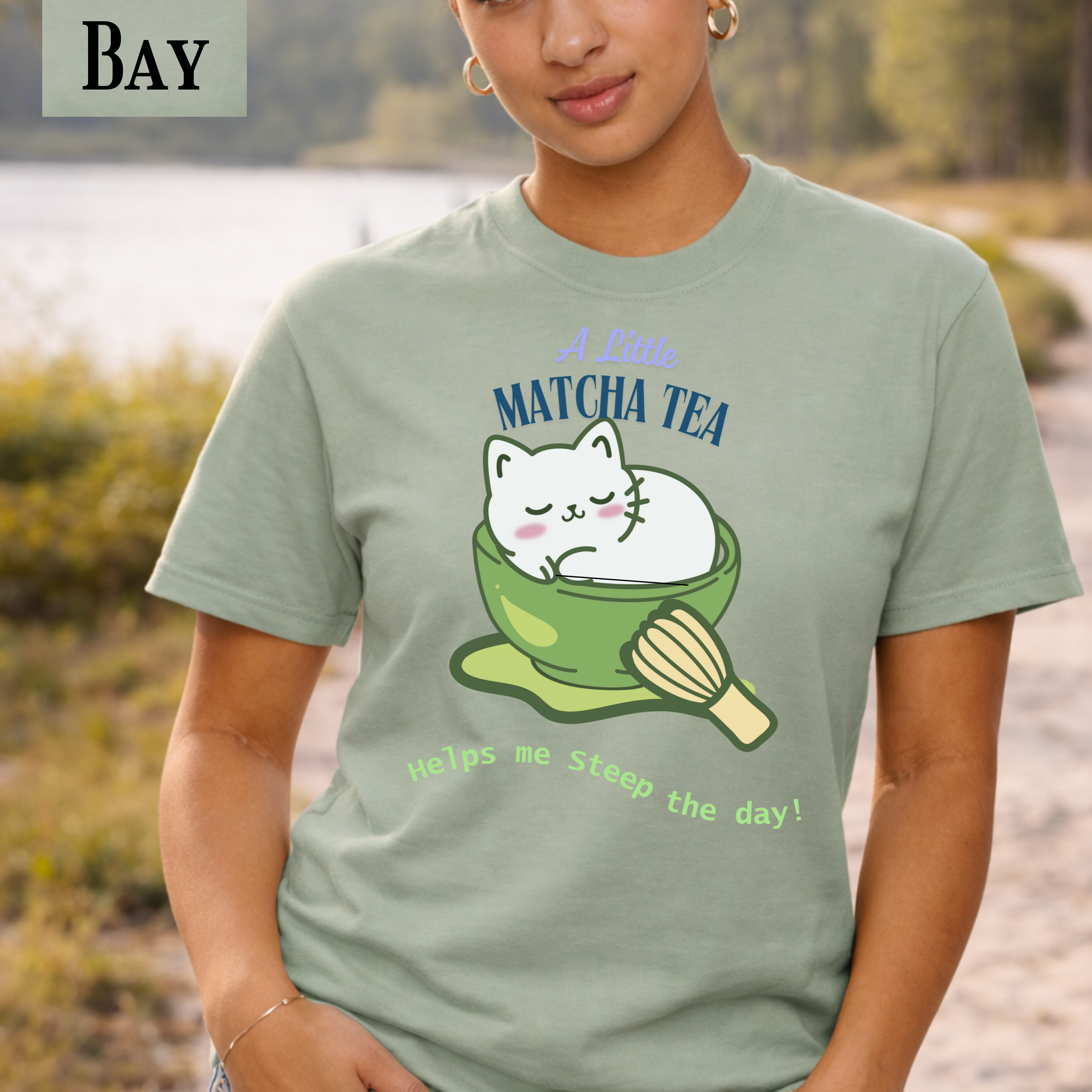 Matcha Cat T-Shirt — "A Little Matcha Tea" Cute Cat in Bowl Graphic Tee product thumbnail image
