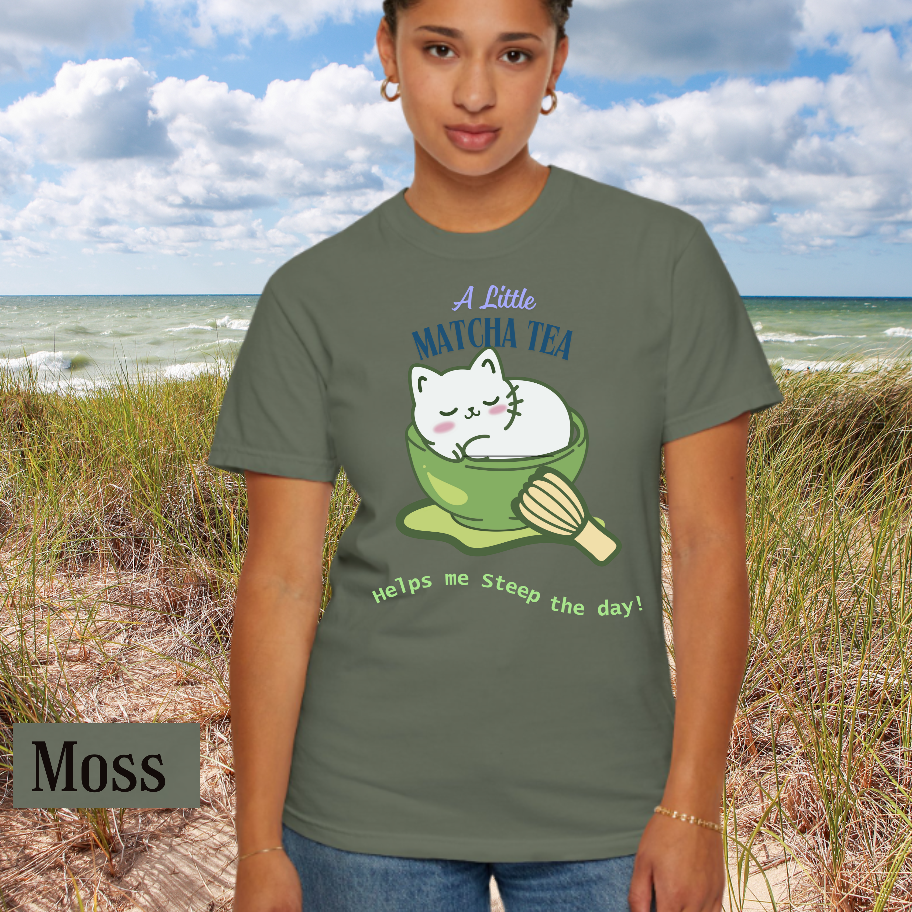 Matcha Cat T-Shirt — "A Little Matcha Tea" Cute Cat in Bowl Graphic Tee product thumbnail image