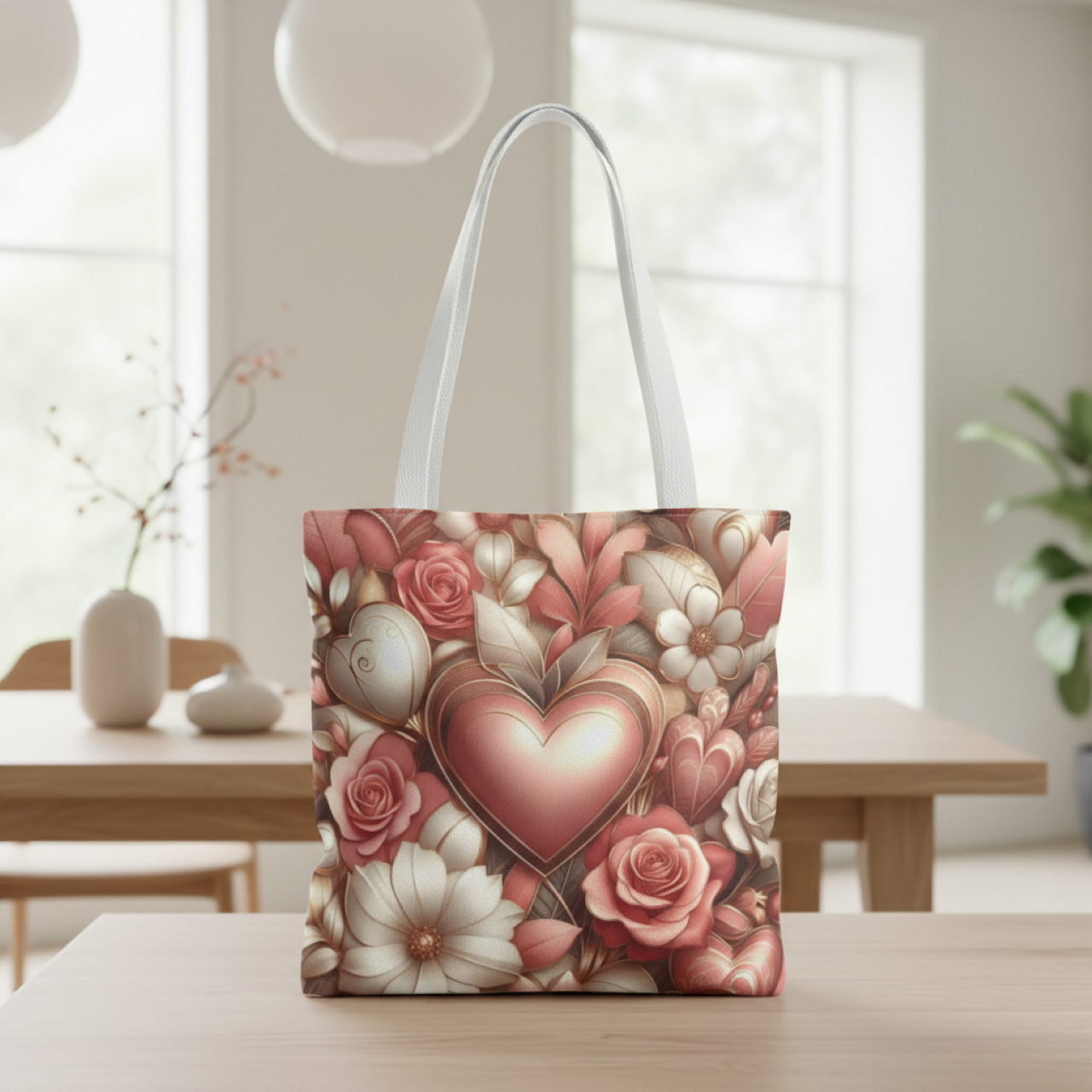 Romantic Heart &amp; Rose Tote Bag Floral Valentine Gift Pink Cream Flower Art Bag Reusable Everyday Purse