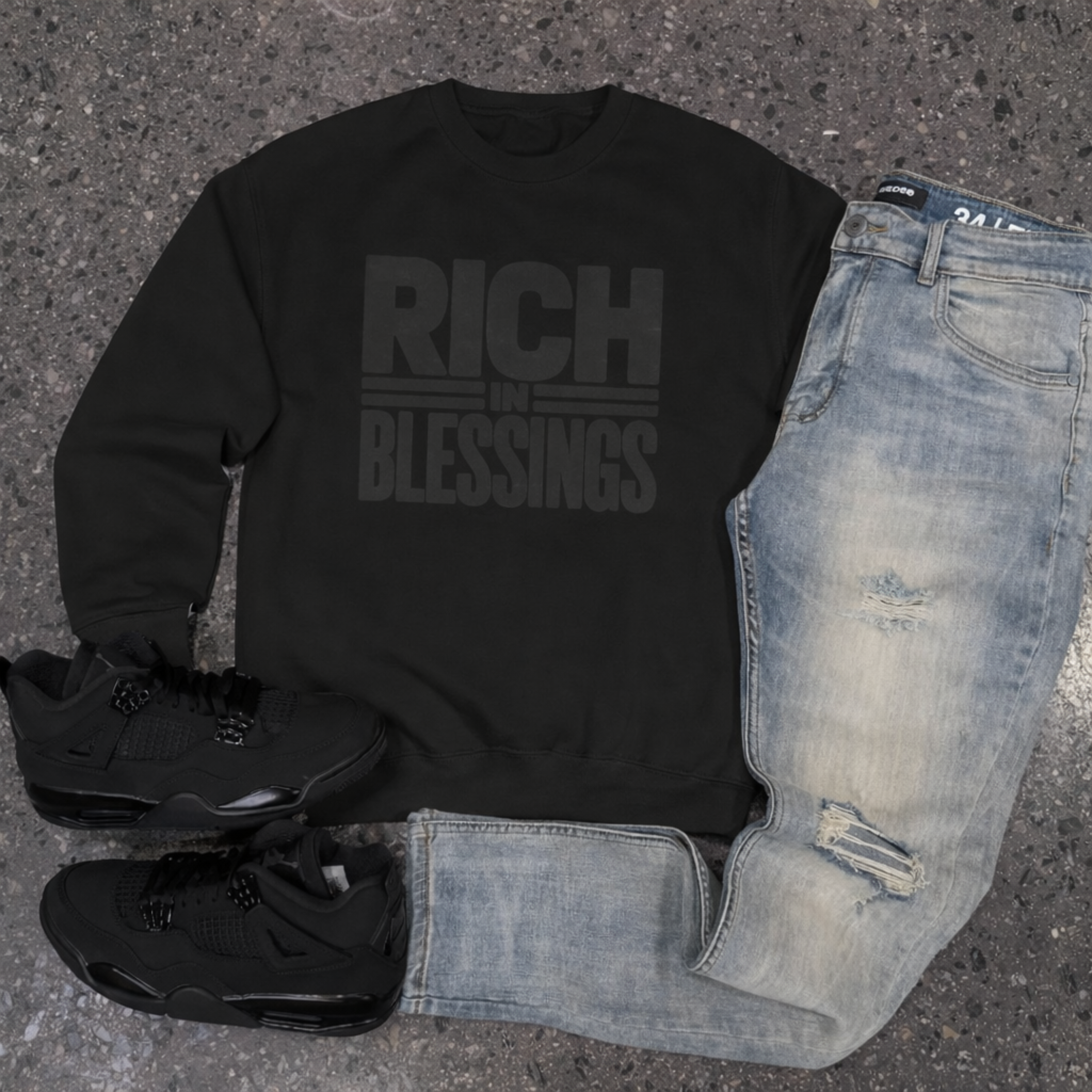 Unisex "RICH IN BLESSINGS" Black-On-Black Sweatshirt product thumbnail image