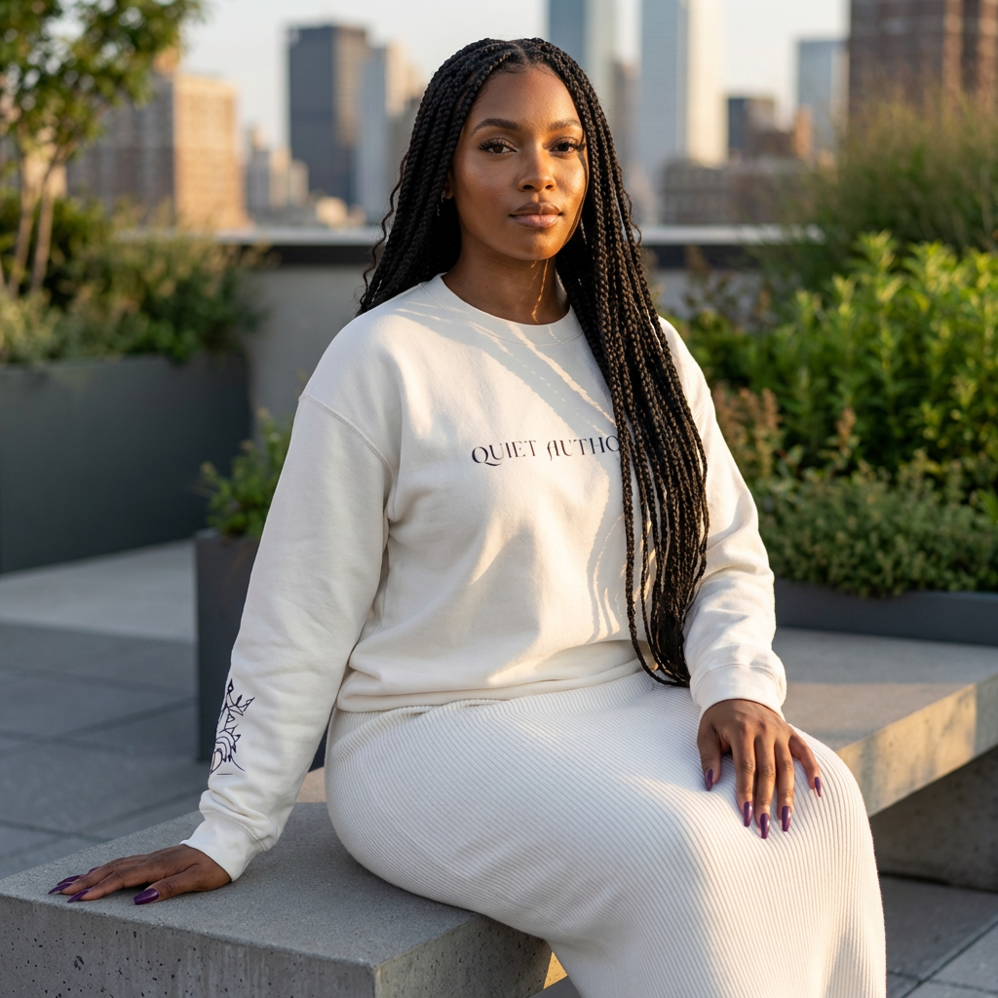 Quiet Authority crewneck sweatshirt | minimalist text graphic | white pullover product thumbnail image