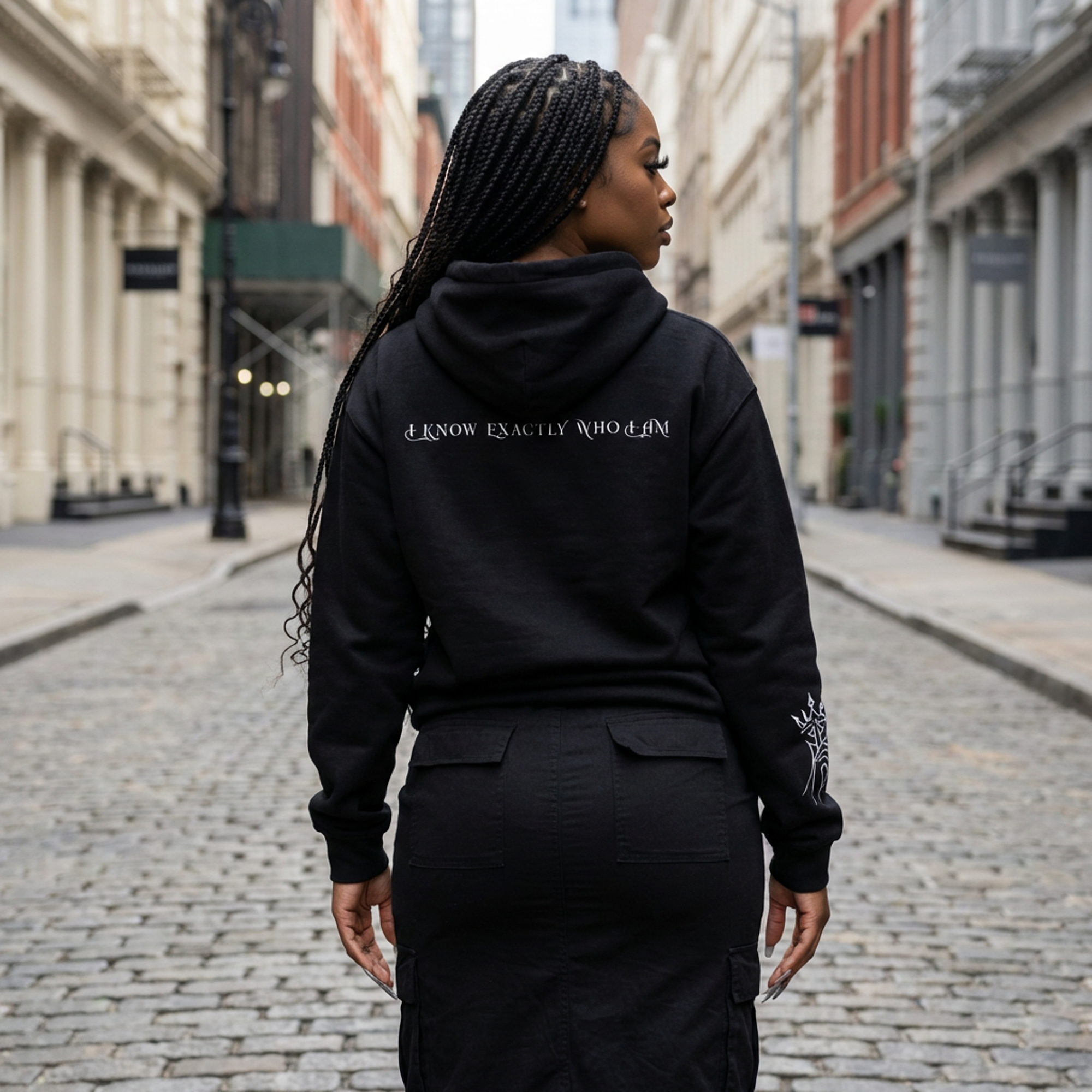 Quiet Authority Hoodie — "I Know Exactly Who I Am" Black Graphic Hoodie product thumbnail image