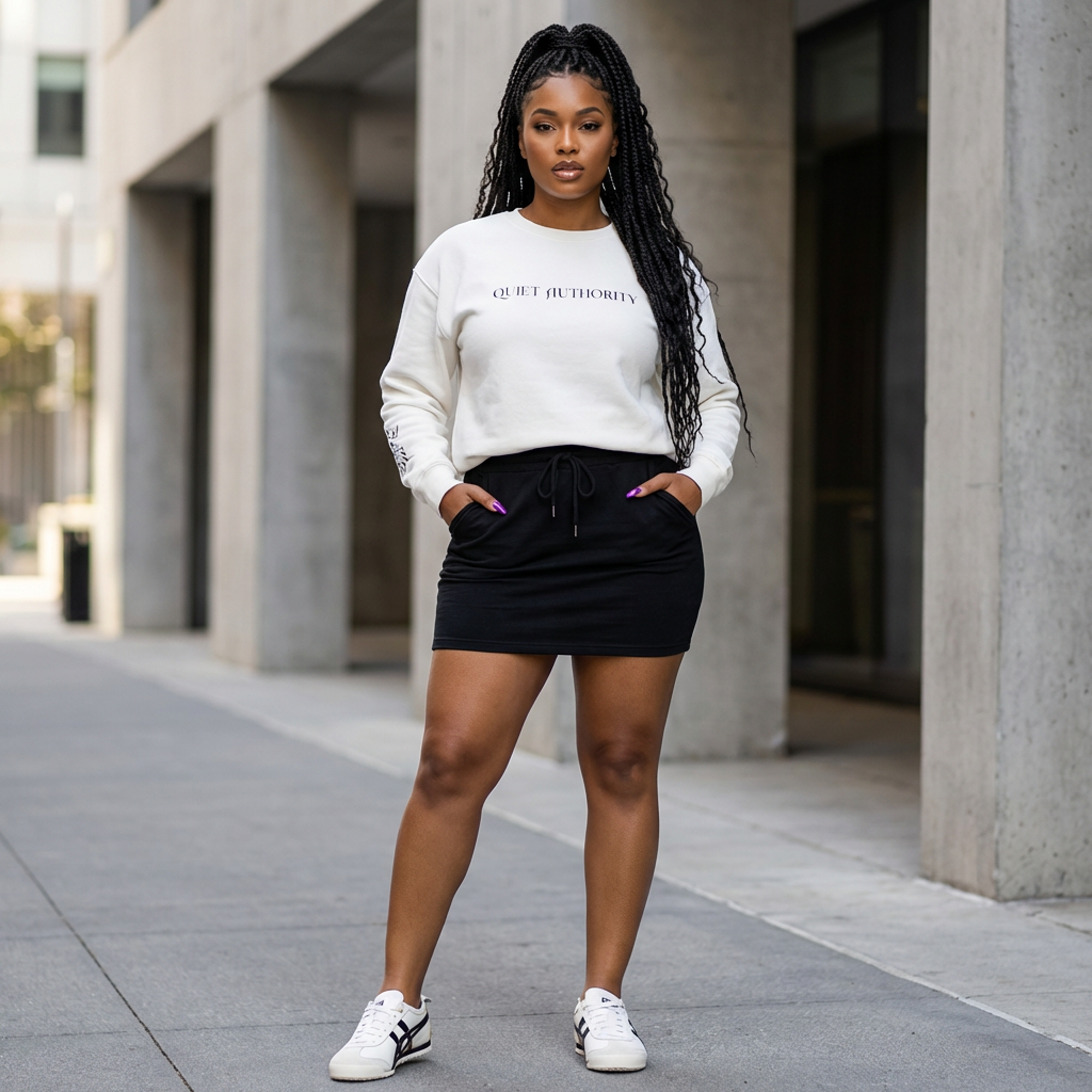 Quiet Authority crewneck sweatshirt | minimalist text graphic | white pullover