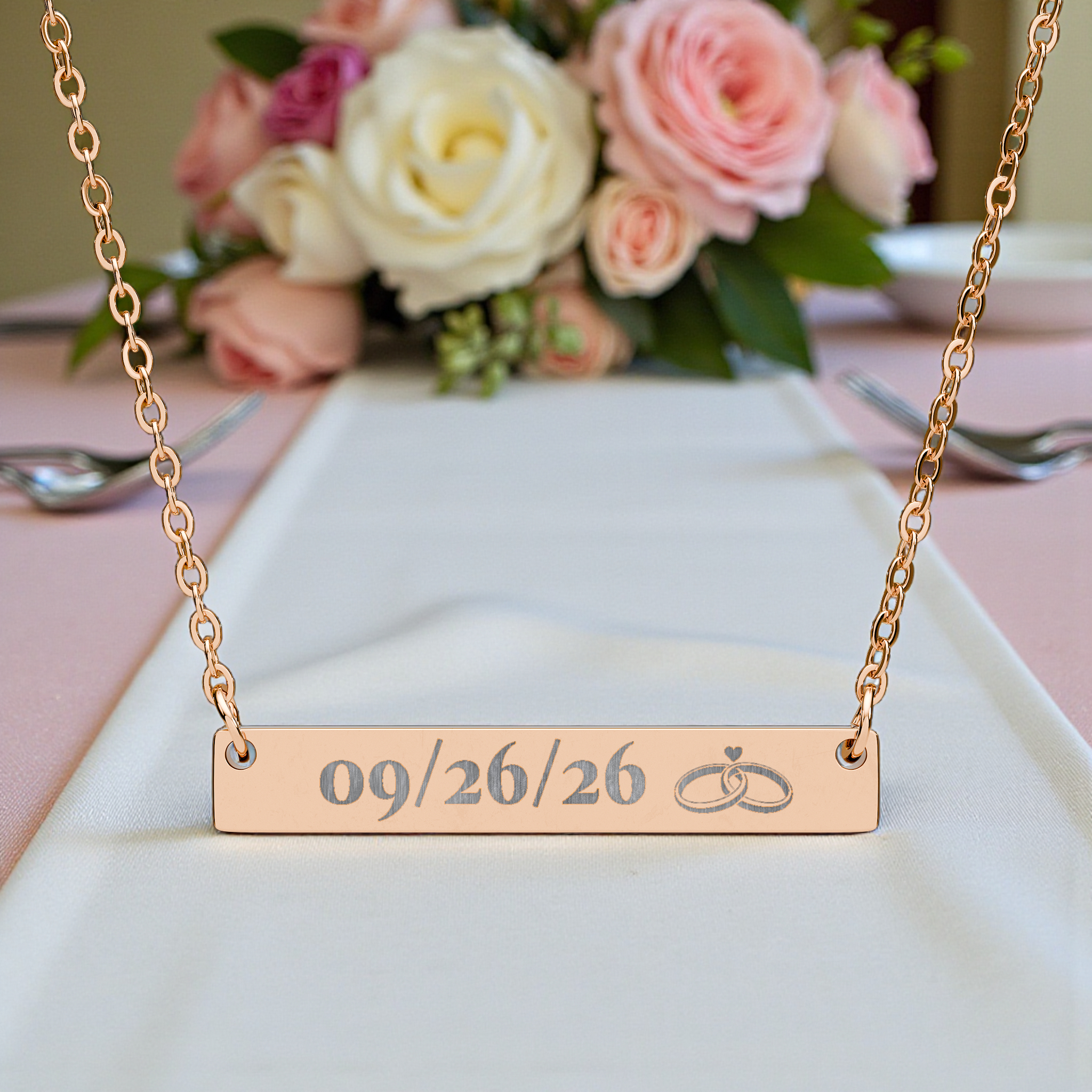 Engravable Horizontal Bar Necklace — Personalized Date & Rings Pendant product thumbnail image Engravable Horizontal Bar Necklace — Personalized Date & Rings Pendant product thumbnail image
