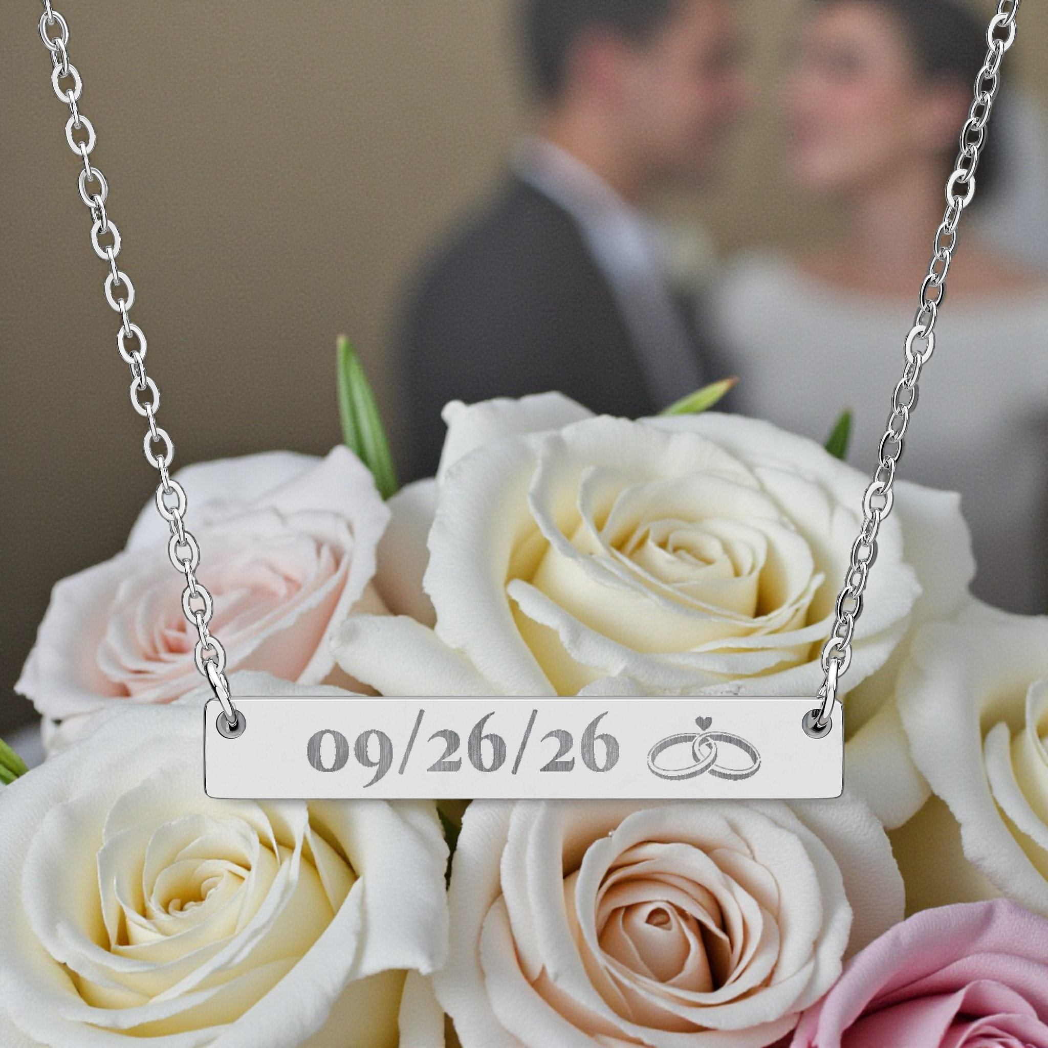Engravable Horizontal Bar Necklace — Personalized Date & Rings Pendant product thumbnail image Engravable Horizontal Bar Necklace — Personalized Date & Rings Pendant product thumbnail image