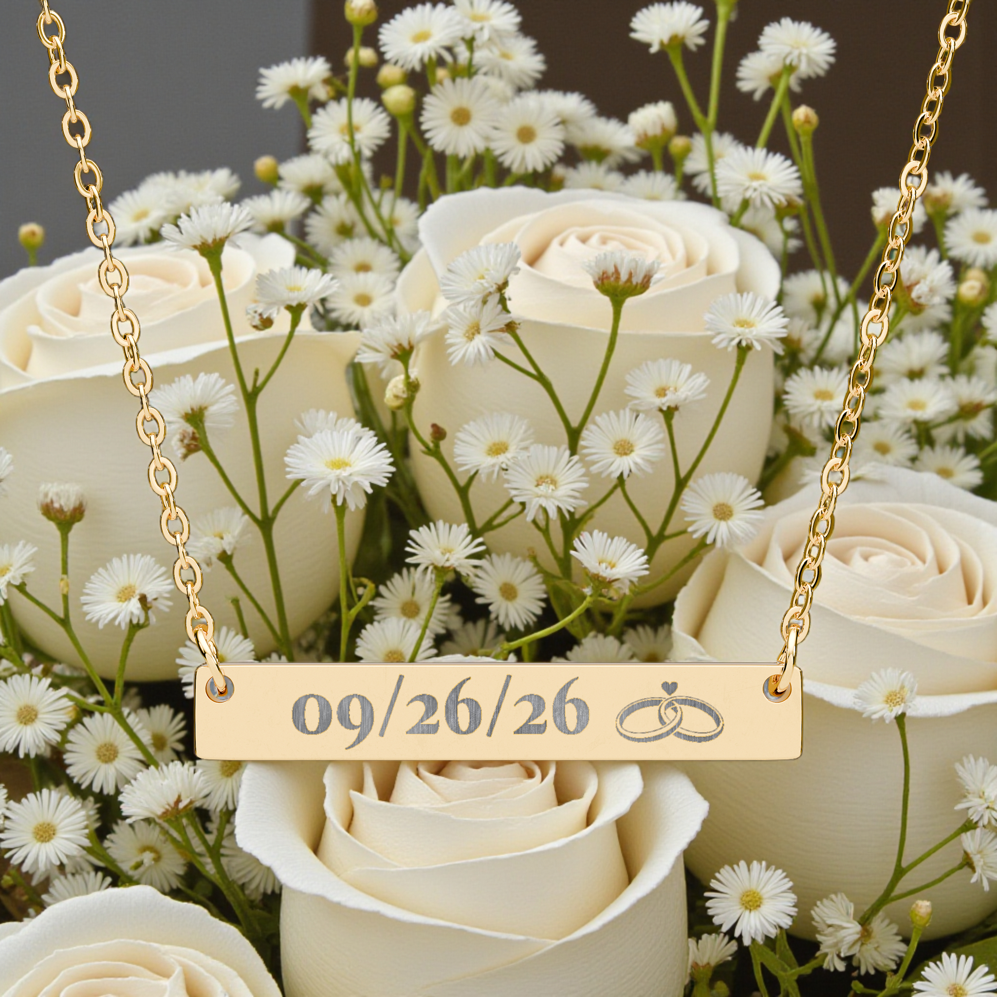 Engravable Horizontal Bar Necklace — Personalized Date & Rings Pendant product thumbnail image Engravable Horizontal Bar Necklace — Personalized Date & Rings Pendant product thumbnail image