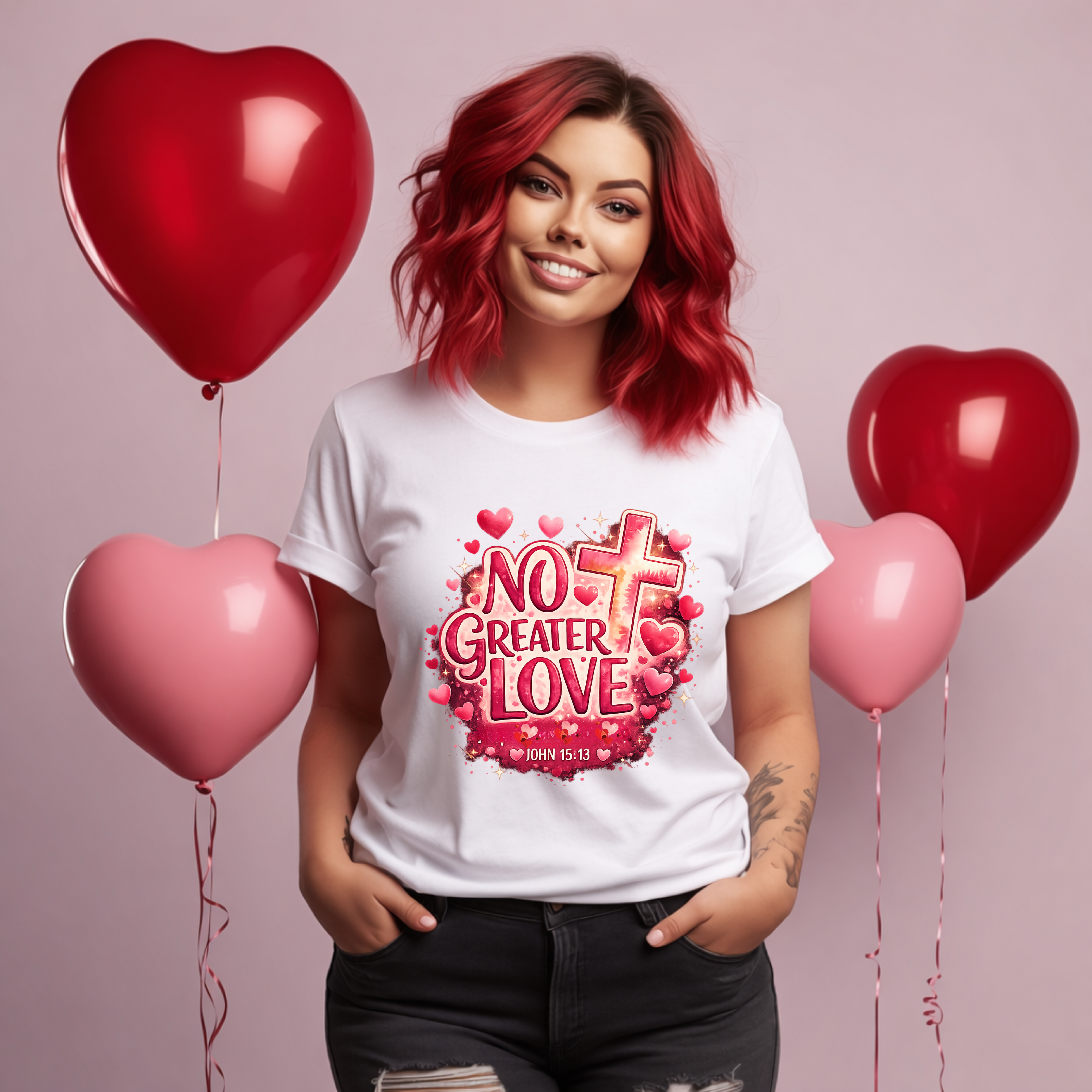 No Greater Love Christian Valentine’s Day T-Shirt – John 15:13 Faith Graphic Tee product thumbnail image