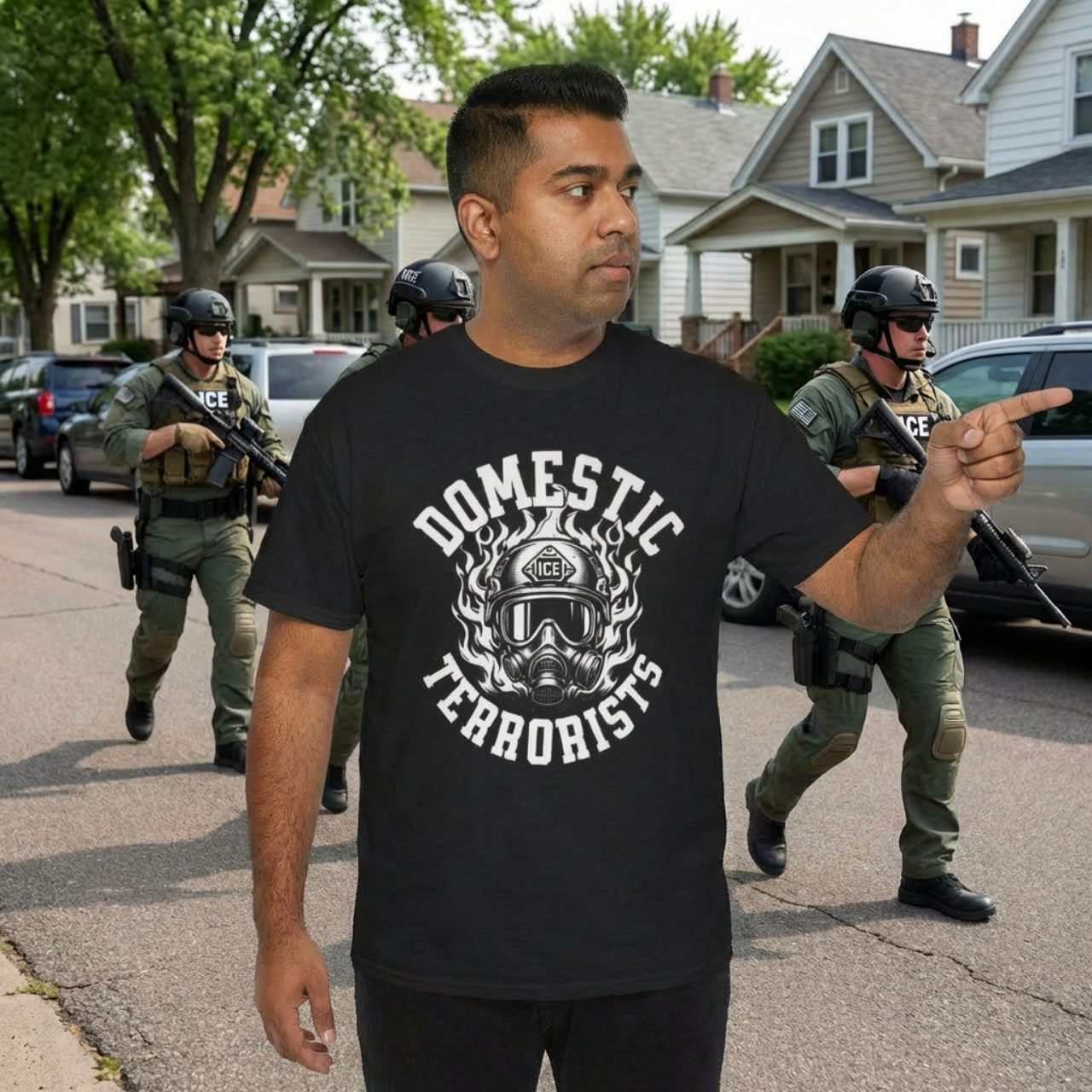 Domestic Terrorist ICE Face & Flames Tee — Protest / Solidarity T-Shirt product thumbnail image Domestic Terrorist ICE Face & Flames Tee — Protest / Solidarity T-Shirt product thumbnail image