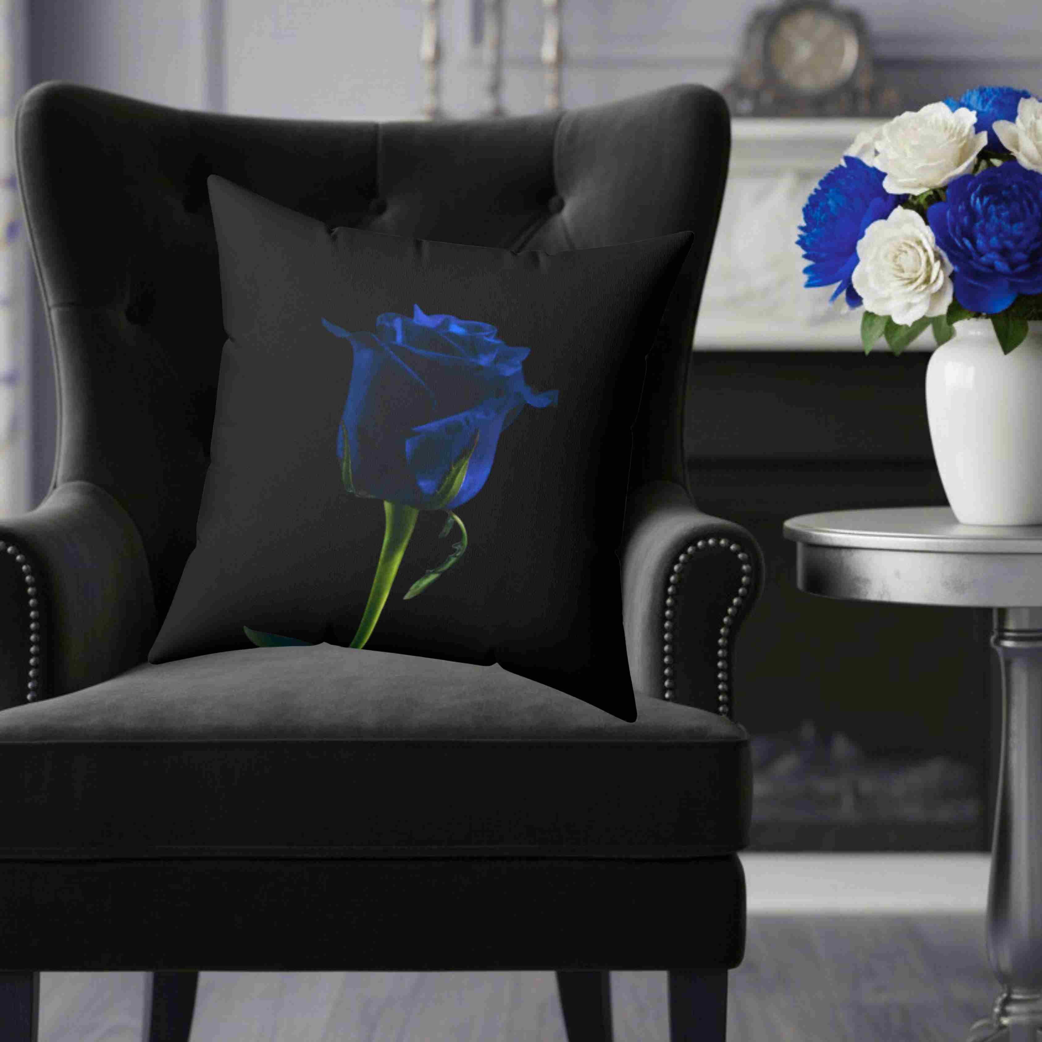 Minimalist Blue Rose Pillow — Black Accent Decorative Throw Cushion product thumbnail image Minimalist Blue Rose Pillow — Black Accent Decorative Throw Cushion product thumbnail image