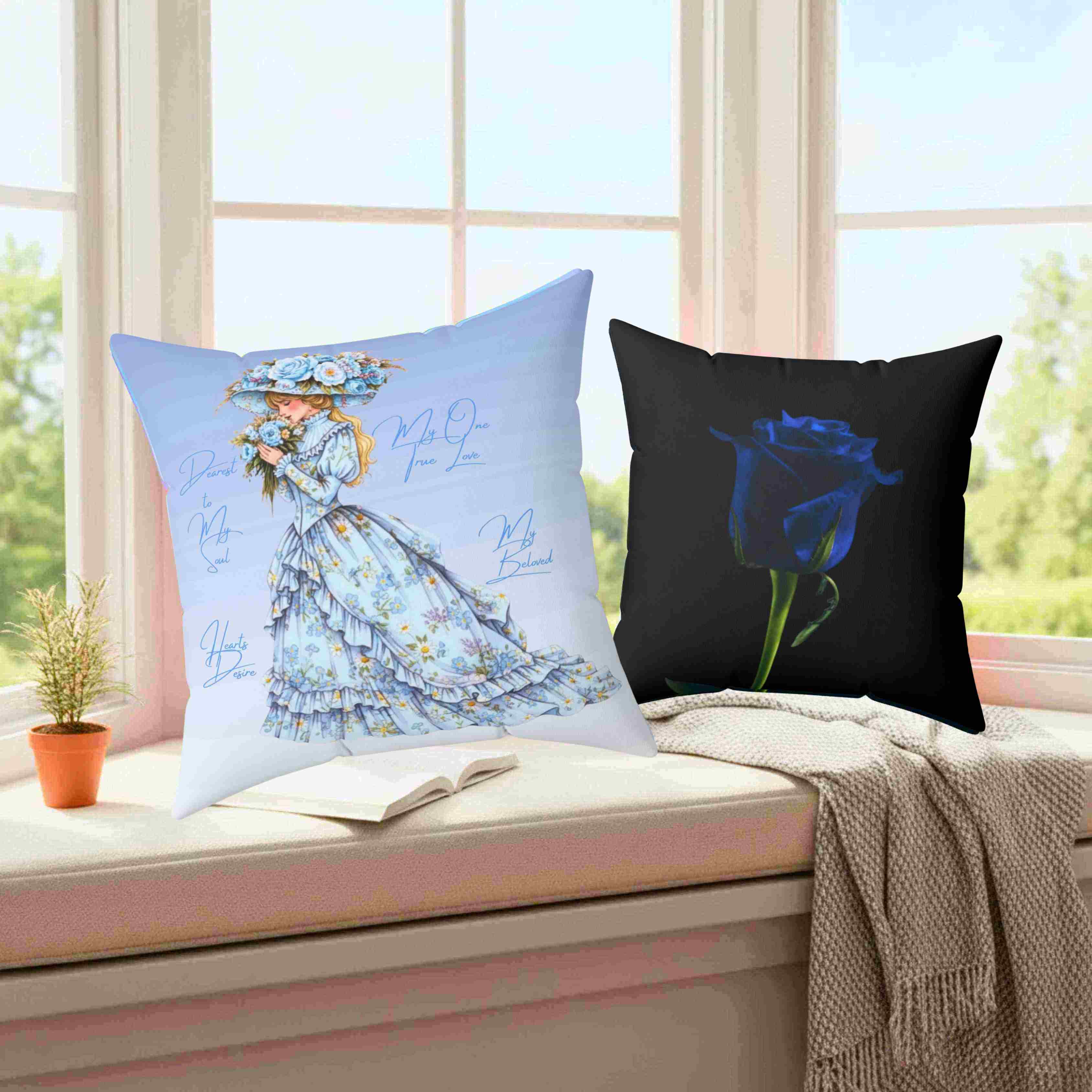Minimalist Blue Rose Pillow — Black Accent Decorative Throw Cushion product thumbnail image
