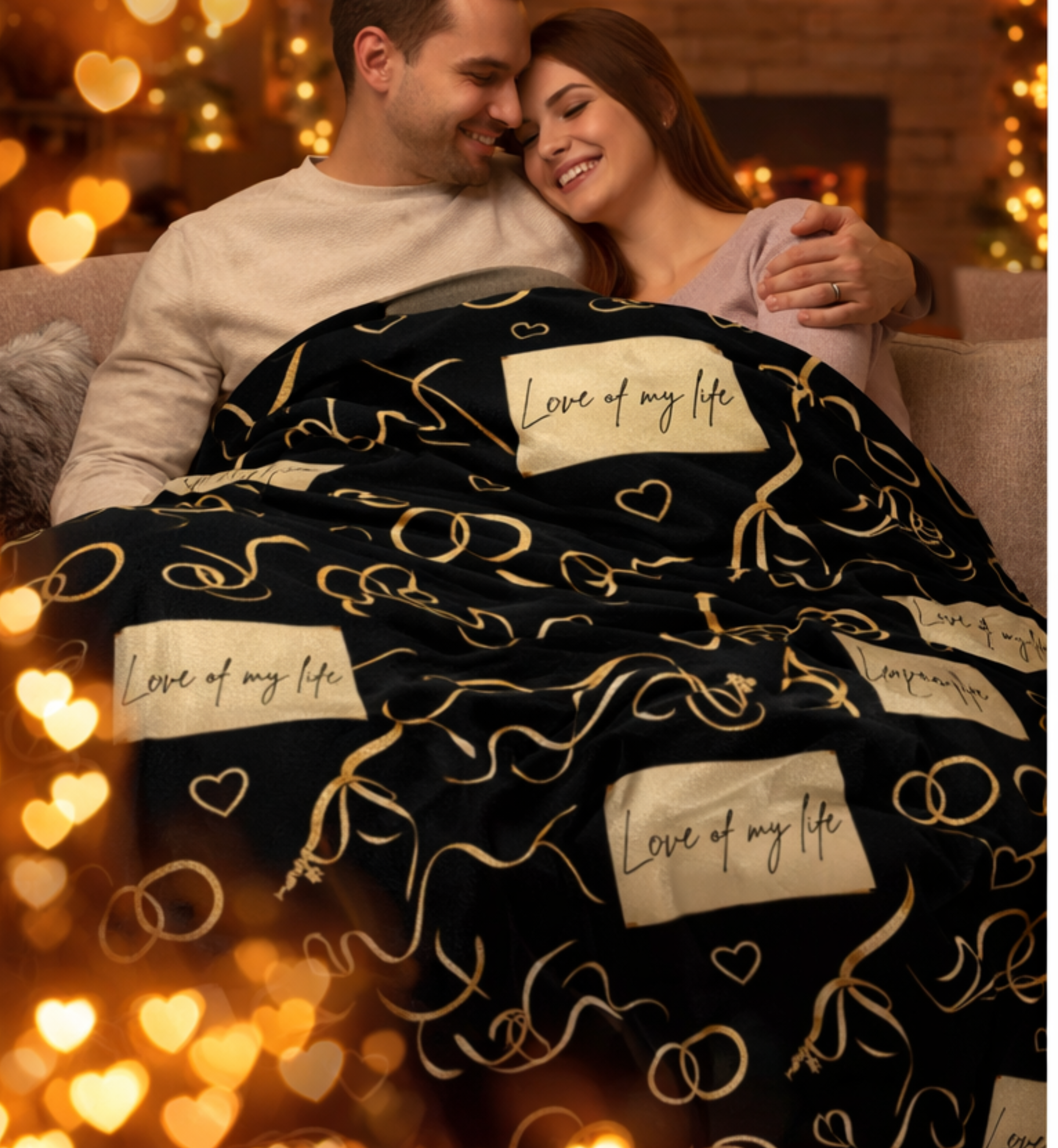 Velveteen Plush Blanket — "Love of My Life" Gold Hearts &amp; Rings Romantic Throw product thumbnail image