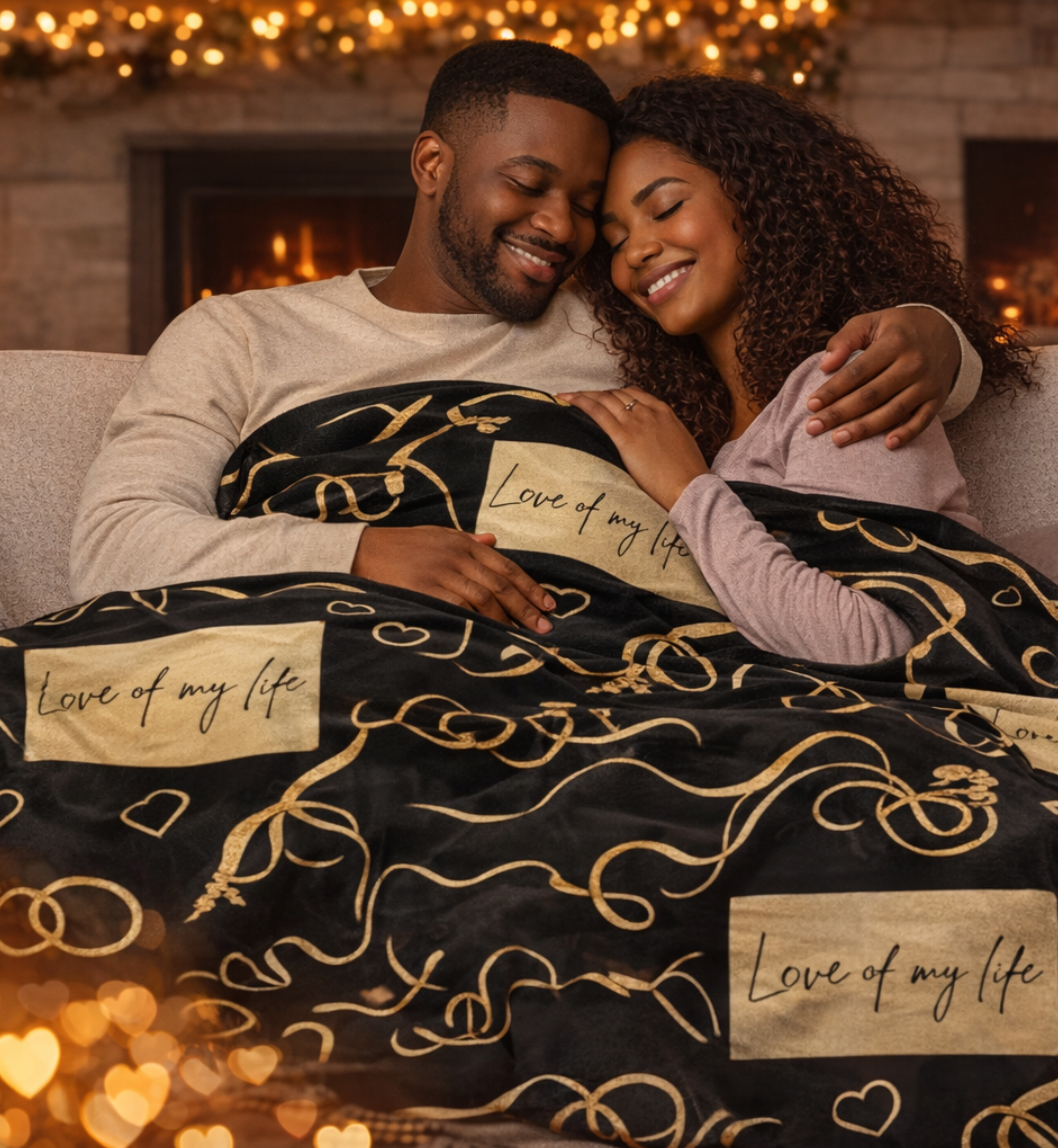 Velveteen Plush Blanket — "Love of My Life" Gold Hearts &amp; Rings Romantic Throw product thumbnail image