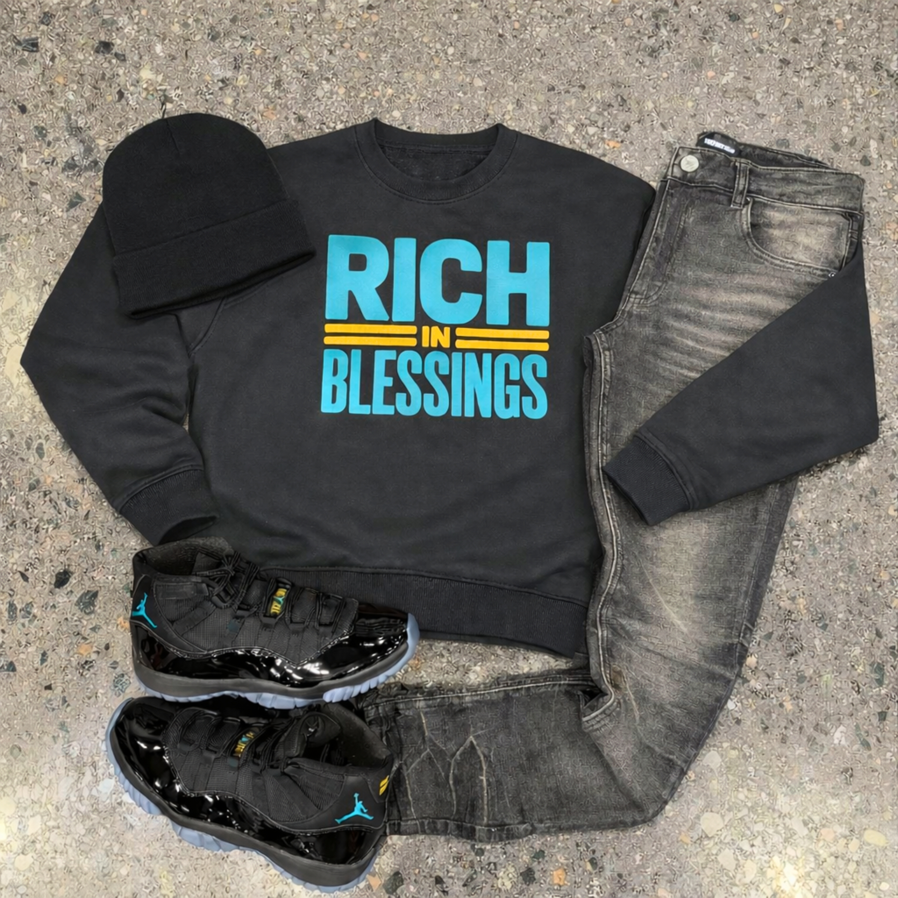 Unisex "RICH IN BLESSINGS" Gamma/Yellow/Jet Black Sweatshirt product thumbnail image Unisex "RICH IN BLESSINGS" Gamma/Yellow/Jet Black Sweatshirt product thumbnail image