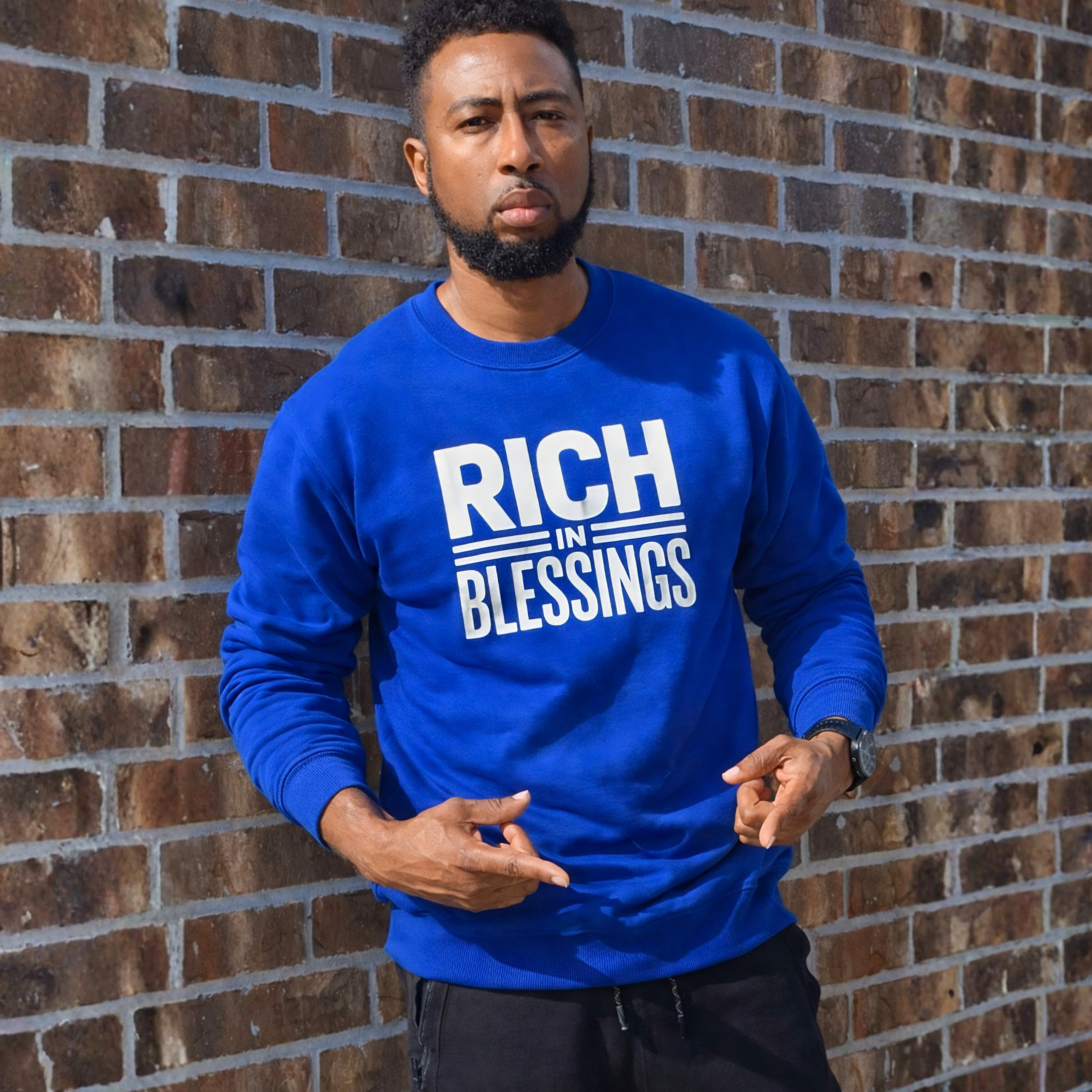 Unisex "RICH IN BLESSINGS" Royal/White Sweatshirt product thumbnail image
