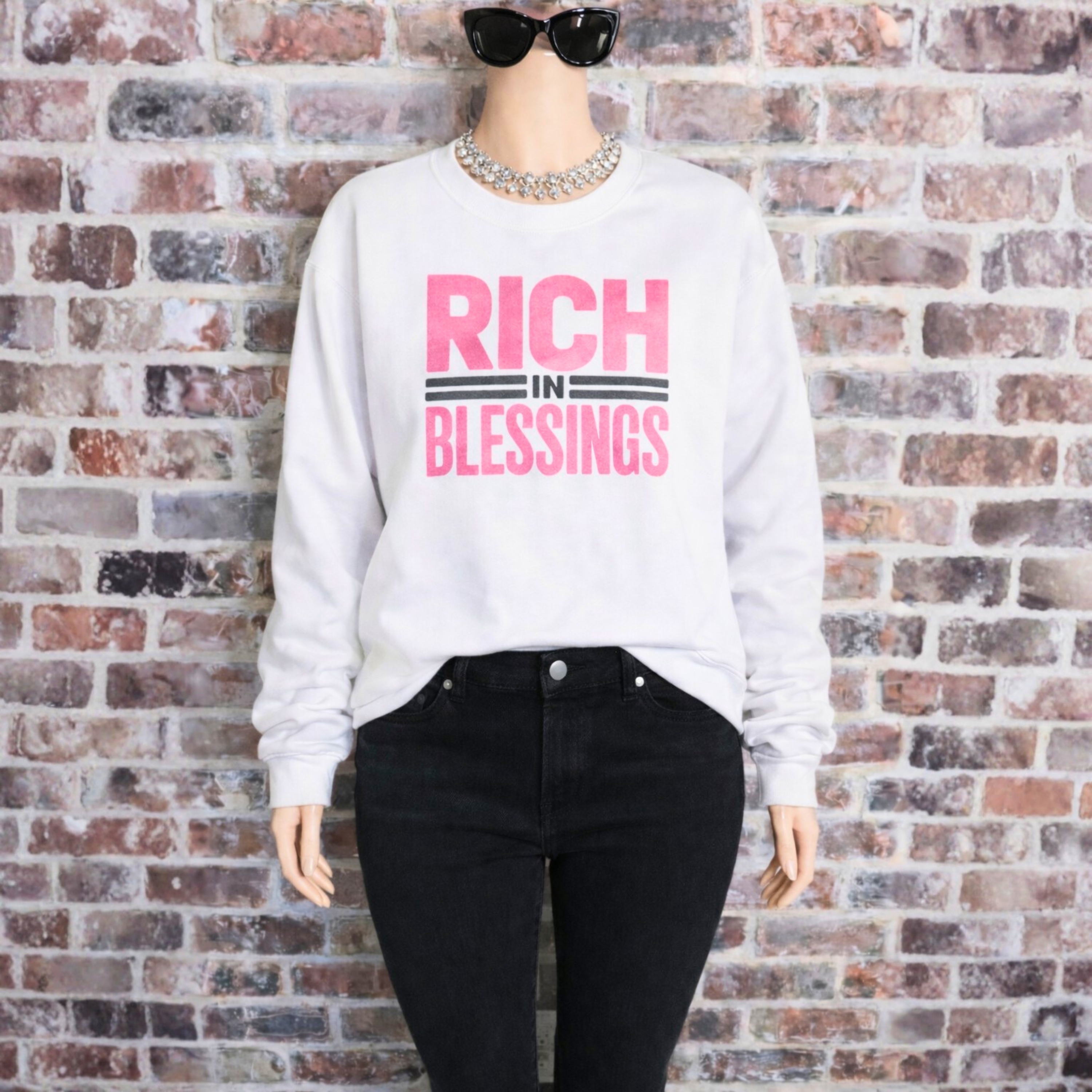 Unisex 'RICH IN BLESSING" Bubblegum Pink/Black/White/Sweatshirt