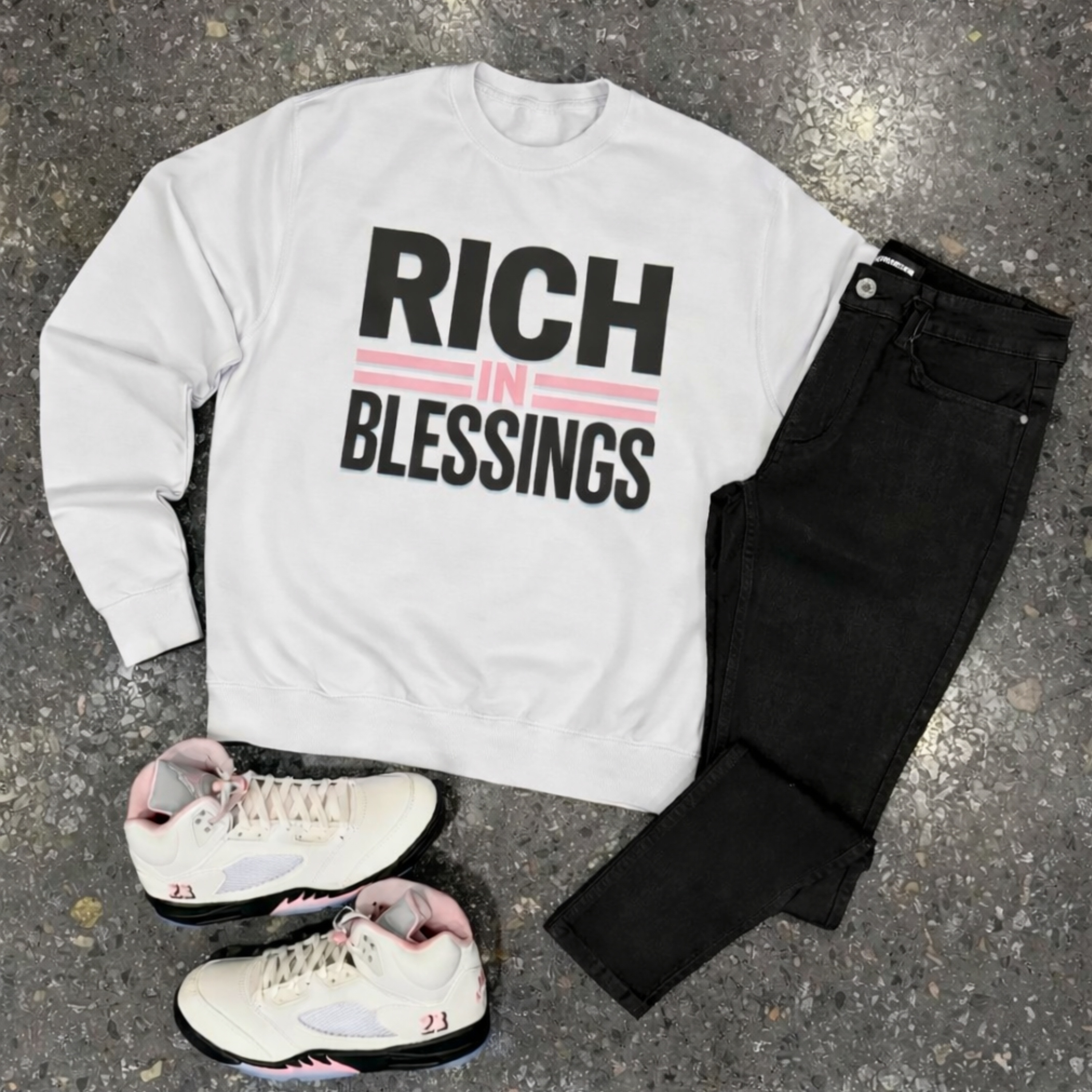 Unisex 'RICH IN BLESSING" Soft Pink/Icy Blue Sweatshirt product thumbnail image Unisex 'RICH IN BLESSING" Soft Pink/Icy Blue Sweatshirt product thumbnail image