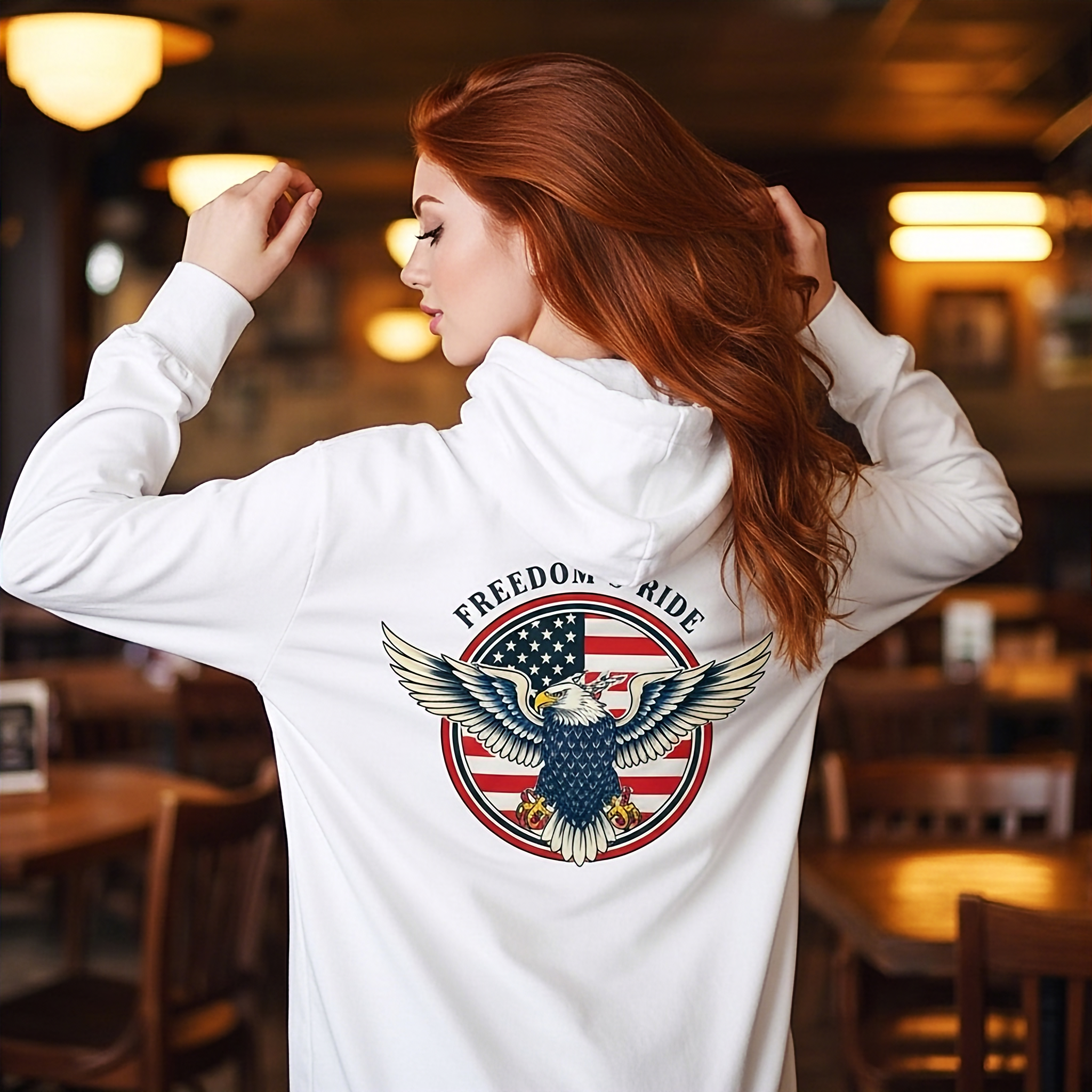 Freedom’s Ride Hooded Long Sleeve Tee — Patriotic Eagle Graphic