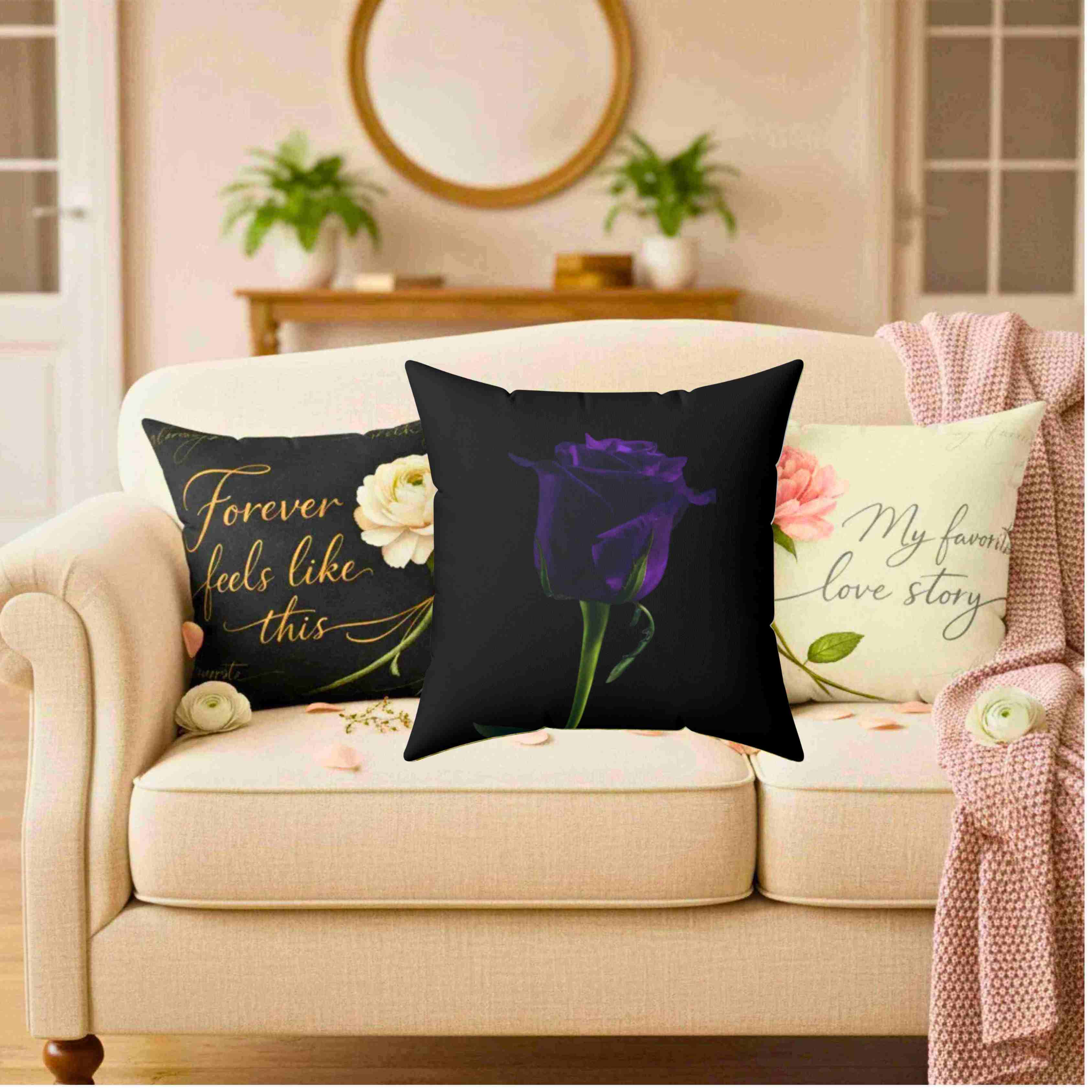 Purple Rose Pillow Spun Polyester Square Pillow | Dark Floral Home Decor Cushion product thumbnail image Purple Rose Pillow Spun Polyester Square Pillow | Dark Floral Home Decor Cushion product thumbnail image