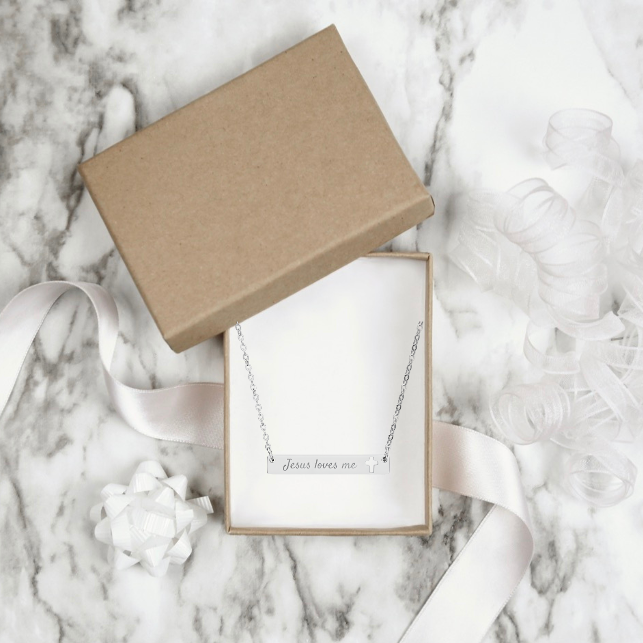 Jesus loves me Engraved Cross Bar Necklace | Christian Faith Jewelry | Stainless Steel Gift