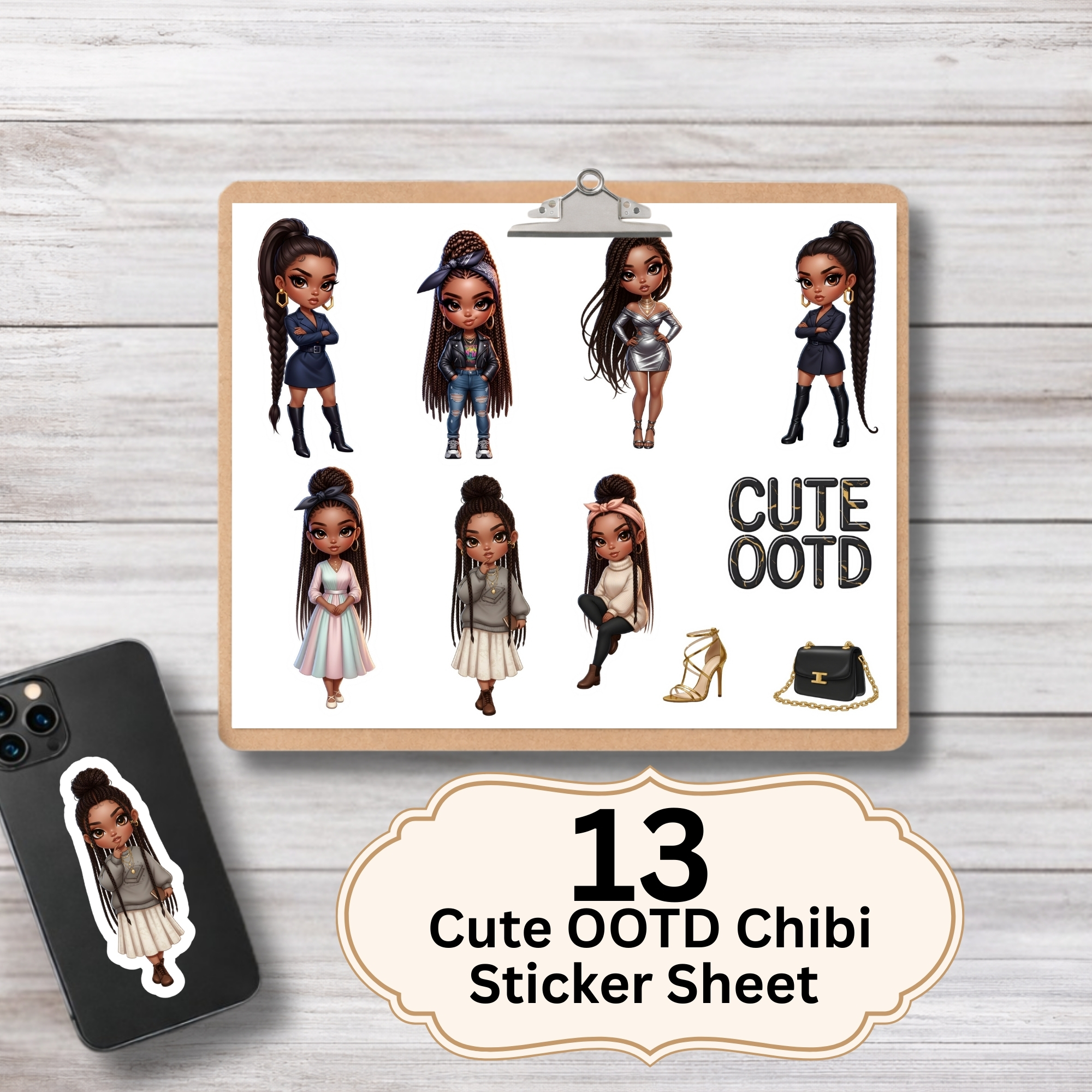 Cute OOTD Doll Sticker Sheet — Fashion Planner Stickers for Journals &amp; Laptops