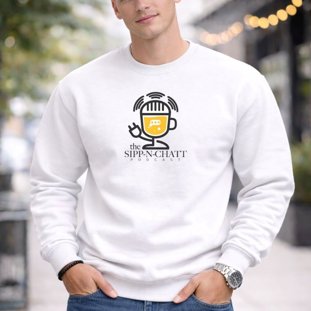 Sipp-N-Chatt-Unisex Crewneck Sweatshirt -White product thumbnail image