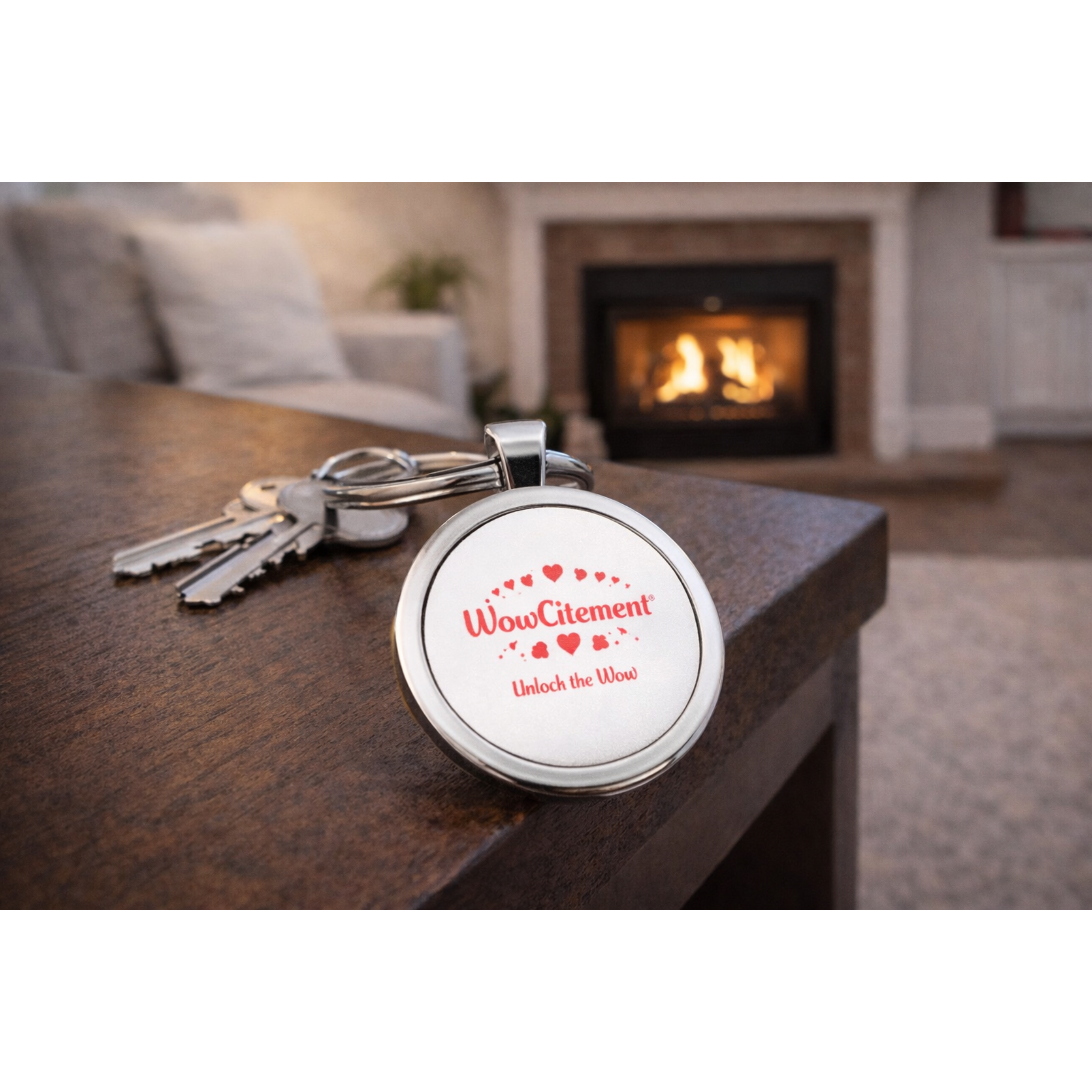 Unlock the Wow™ Round Stainless Steel Keychain — Romantic 'WowCitement' Logo Keyring  product thumbnail image