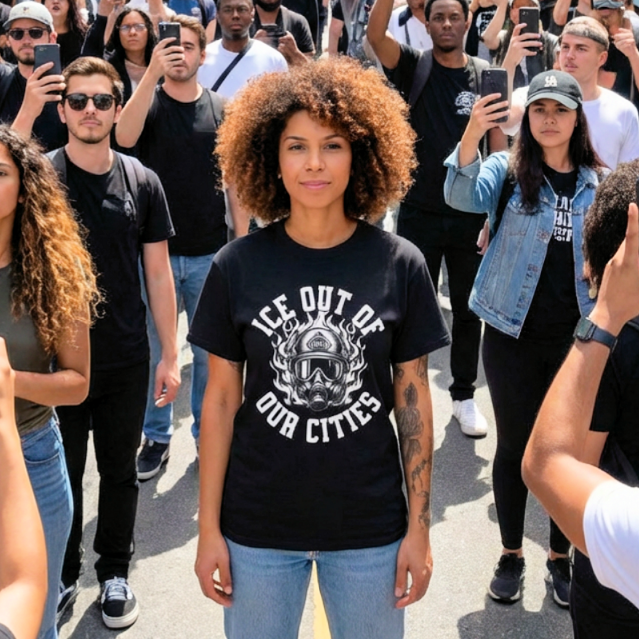  ICE Out of Our Cities' Gas Mask Flame Graphic Tee