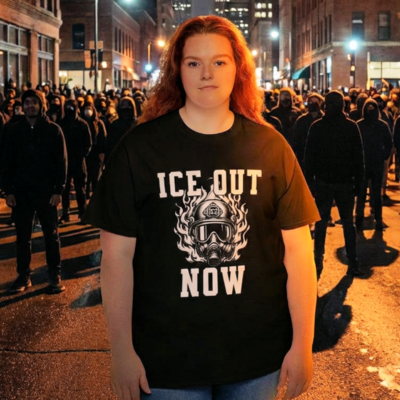 ICE Out Now T-Shirt — Helmet Gas Mask Flame Graphic Tee