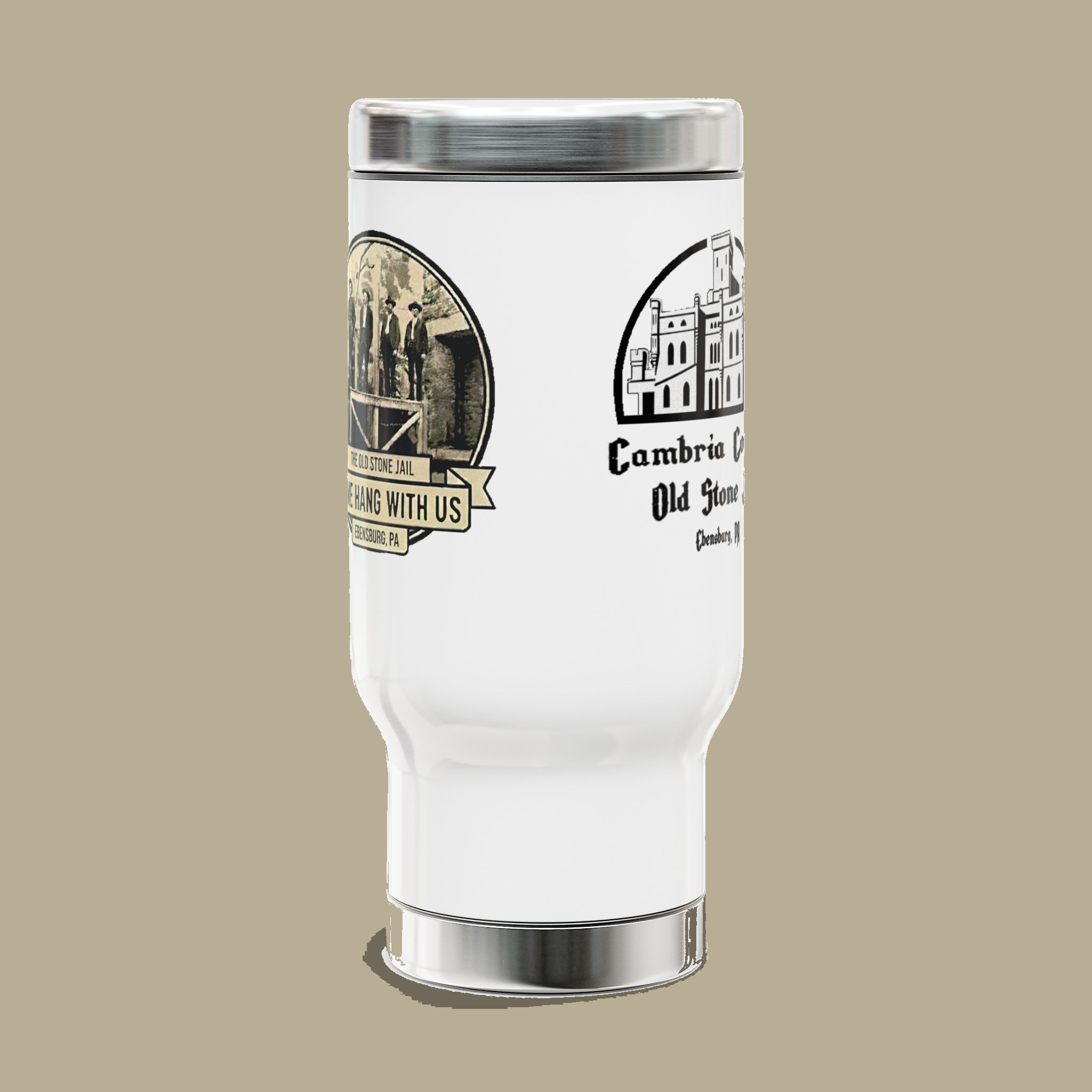 Cambria County Old Stone Jail Travel Mug — 14oz Stainless Steel Insulated with Handle product thumbnail image Cambria County Old Stone Jail Travel Mug — 14oz Stainless Steel Insulated with Handle product thumbnail image